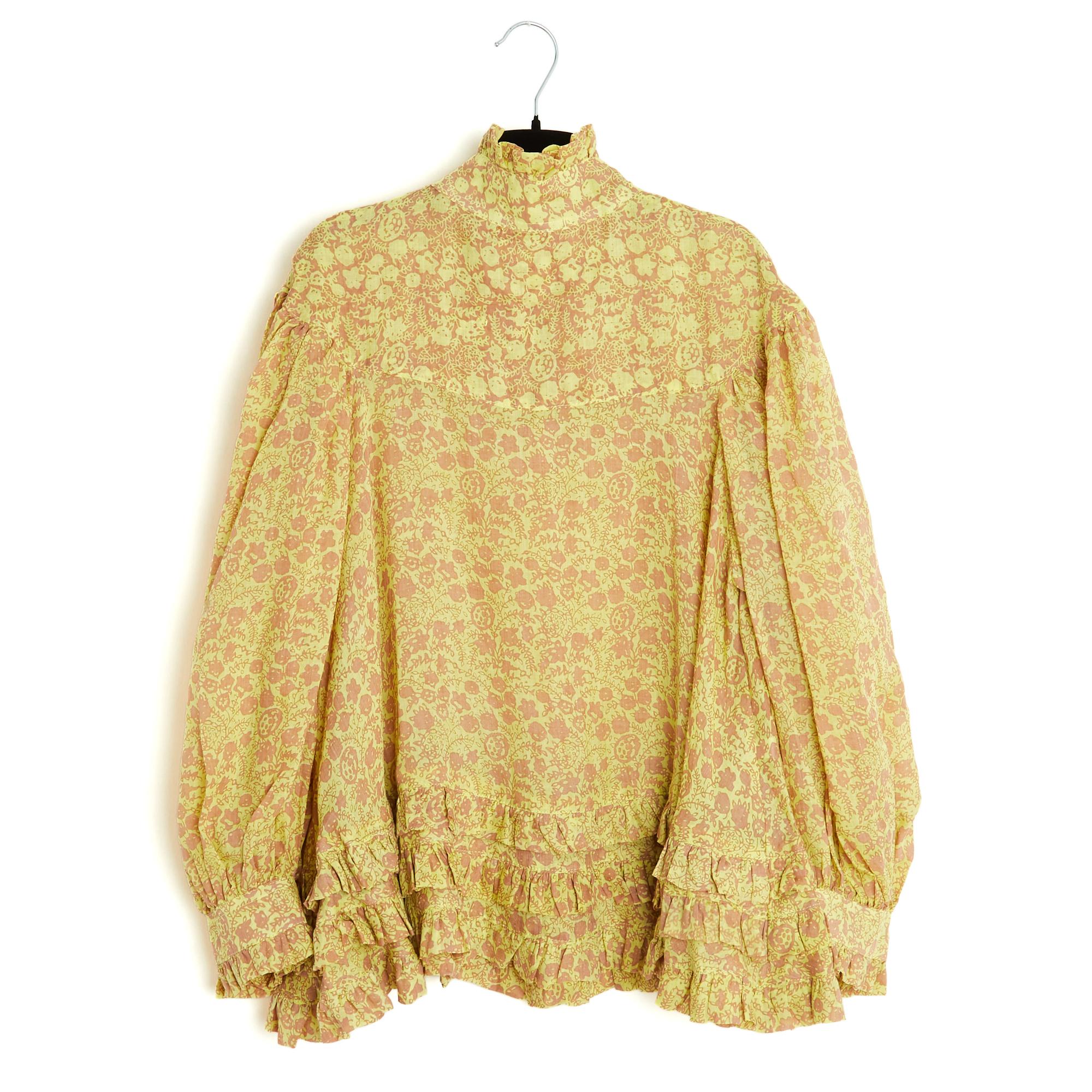 Yvonne S 2021 Top Oversize FR38 M Lime Yellow Nude Linen Ruffles Blouse UK10 US8 in vendita 1