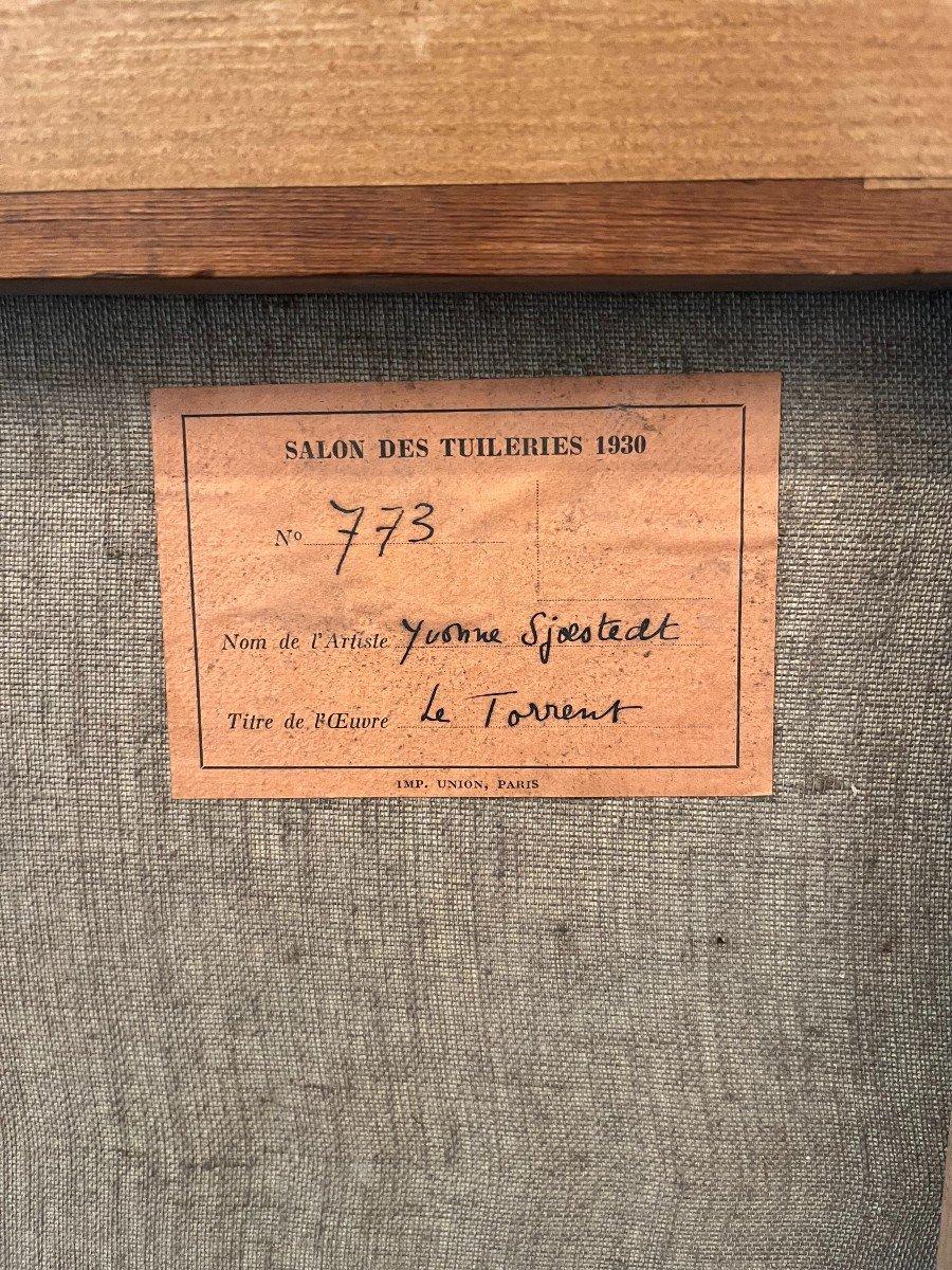 YVONNE SJOESTEDT 
(Parigi 1894 - 1966)
Coppia di paesaggi per il Salon des Tuileries, 1930

Il Torrente
1930
Olio su tela
81 x 54.2 cm
Firmato in basso a destra
Label sul retro: Salon des Tuileries, 1930, n°773

Impronta blu
1930
Olio su tela
81 x