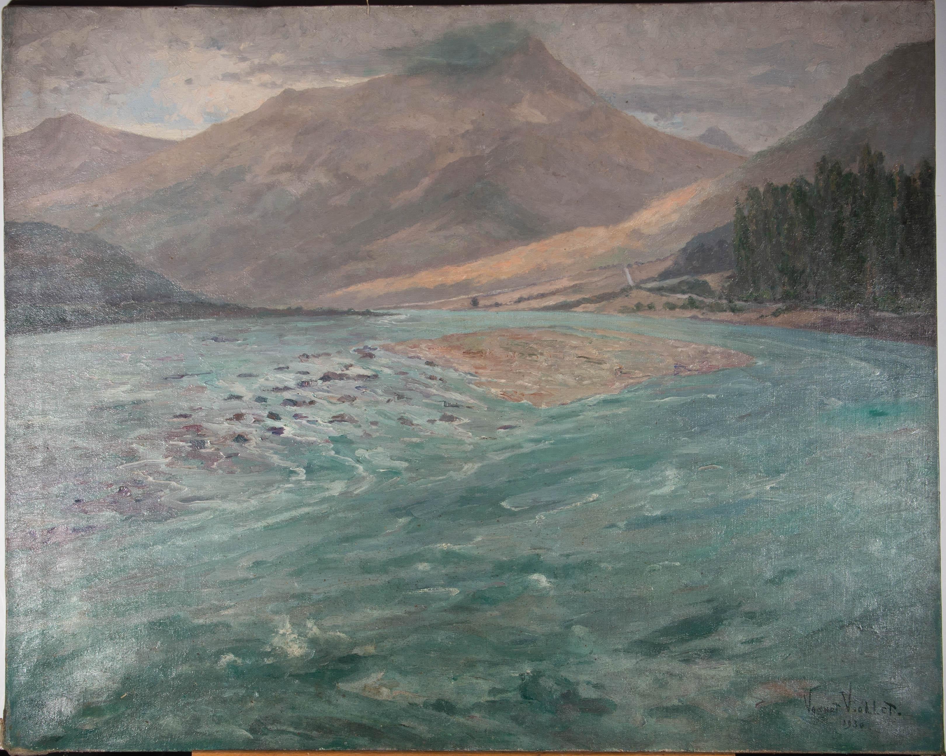 A striking panoramic view of the meandering River Durance as it winds its way through the Southern Alpine Parpaillon mountain pass. The artist has signed and dated to the lower right corner. The painting is on canvas over stretchers and the artist