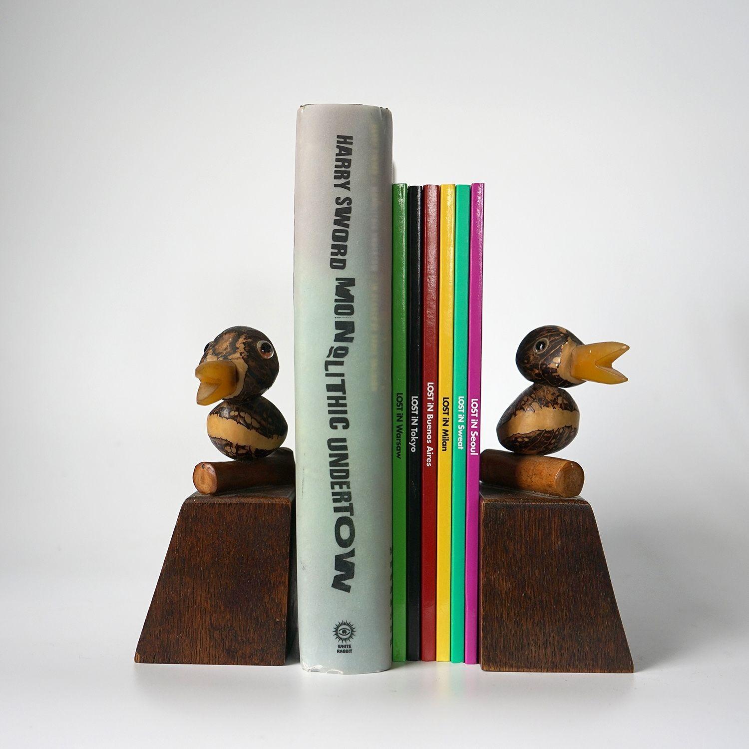 Antique Bakelite wood and Tagua nut novelty bookends
These cheeky little characters are unmarked but almost certainly part of the YZ bird range produced by Henry Howell throughout the 1920s-1930s period, these were mainly retailed through