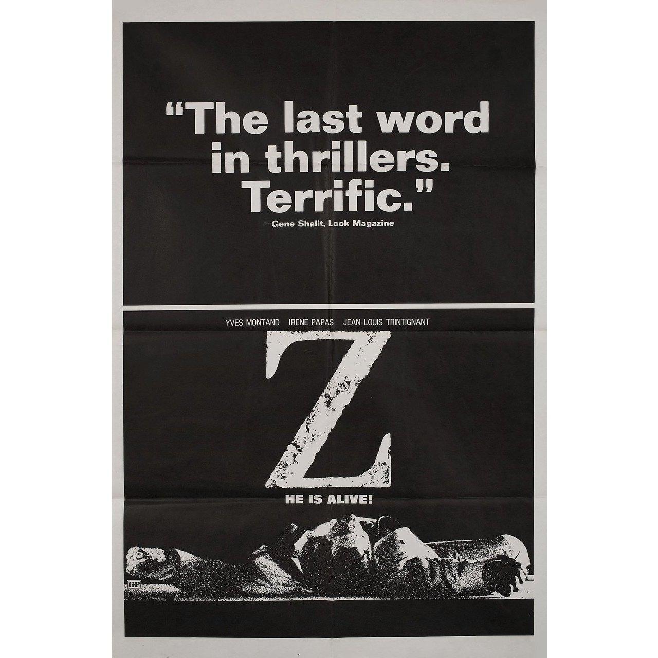 Original 1969 U.S. one sheet poster for the film Z directed by Costa-Gavras with Yves Montand / Irene Papas / Jean-Louis Trintignant / Jacques Perrin. Fine condition, folded. Many original posters were issued folded or were subsequently folded.
