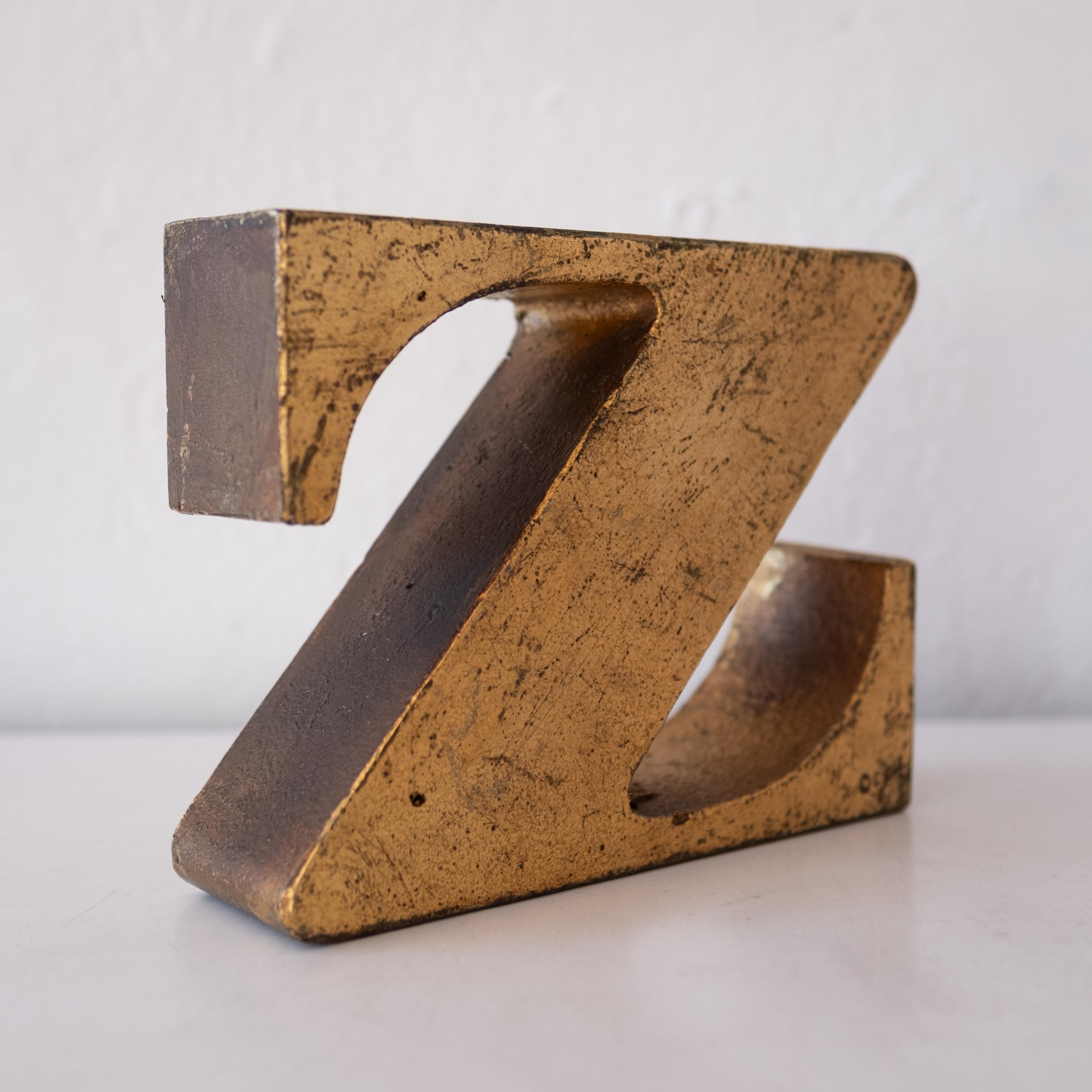 Mid-Century Modern Z Bookend by Curtis Jere Signed & Dated 1971 in Gold Leaf Finish For Sale