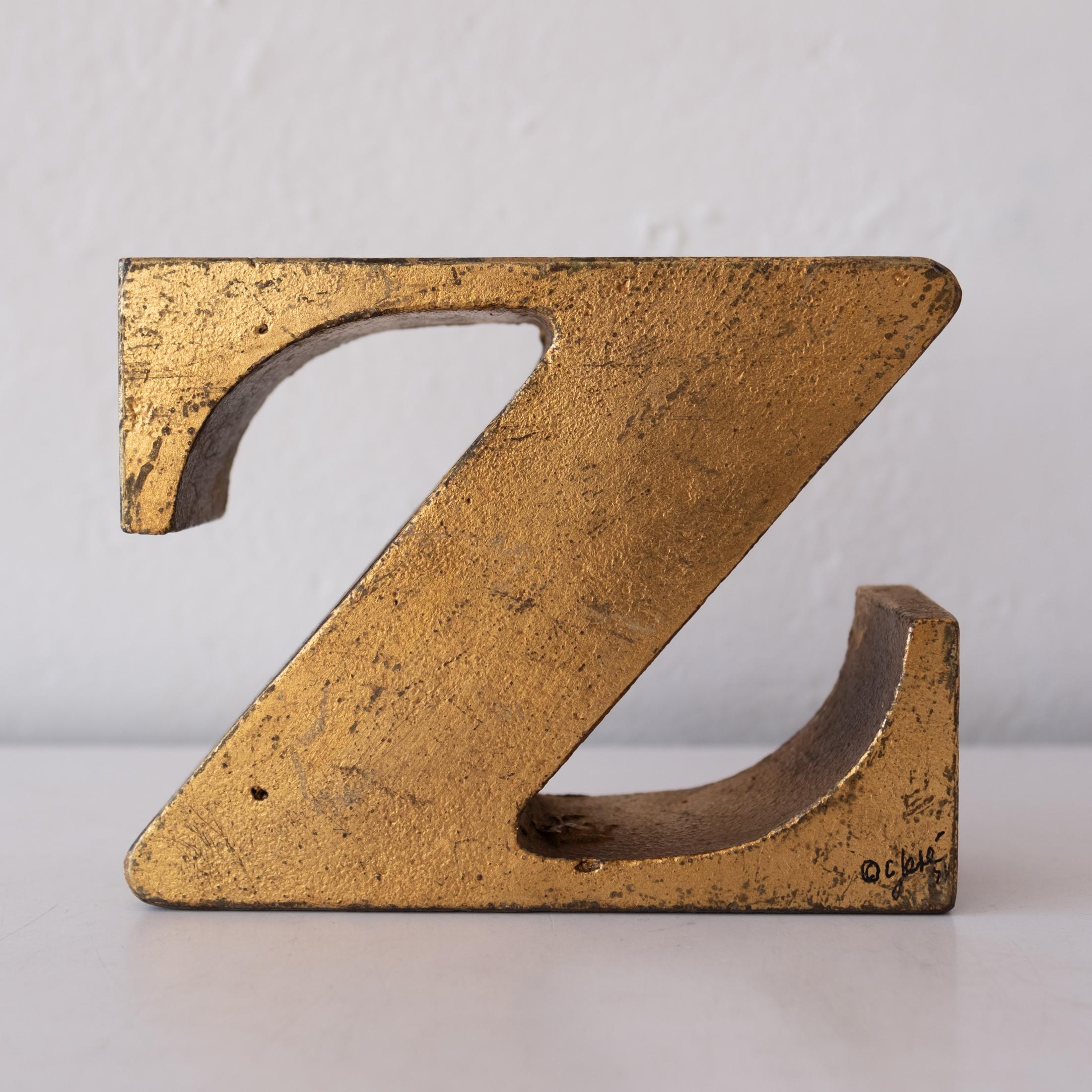 Iron Z Bookend by Curtis Jere Signed & Dated 1971 in Gold Leaf Finish For Sale