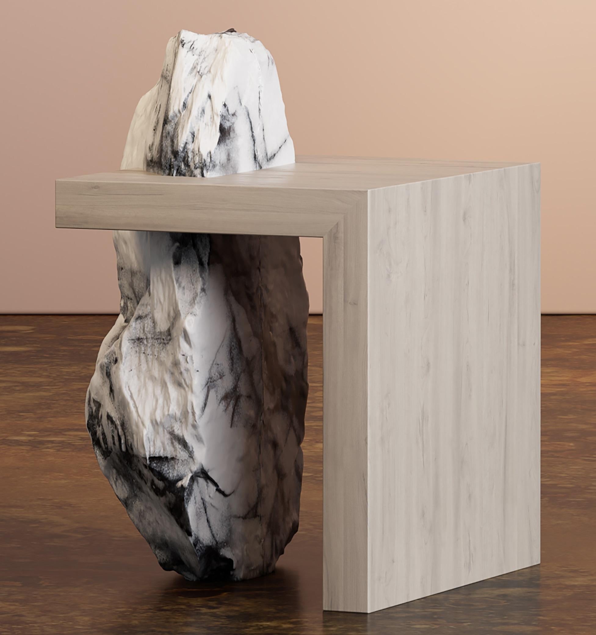 Z End Table by Bea Interiors
One of a Kind.
Dimensions: D 46 x W 46 x H 58 cm.
Materials: Weathered teak wood and Pele Tigre marble. 

Z Atus is a stunning art piece that showcases raw marble veins and an embedded wood top. It's a perfect addition