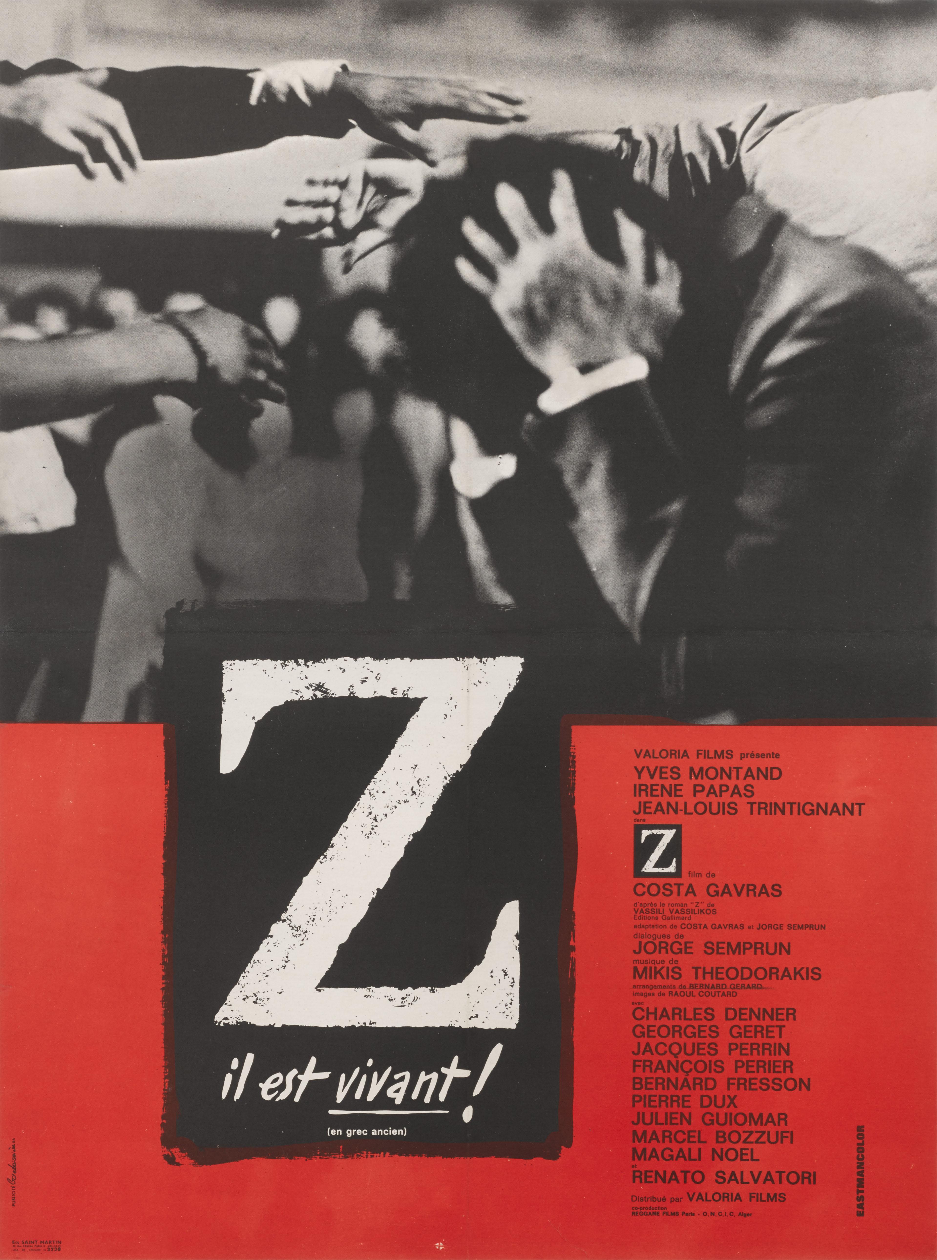 Original French film poster for the 1969 film Z. This film starred Yves Montand, Irene Papas, Jean-Louis Trintignant This film was directed by Costa-Gavras This size poster would have been used outside the cinema at the time of the films release in