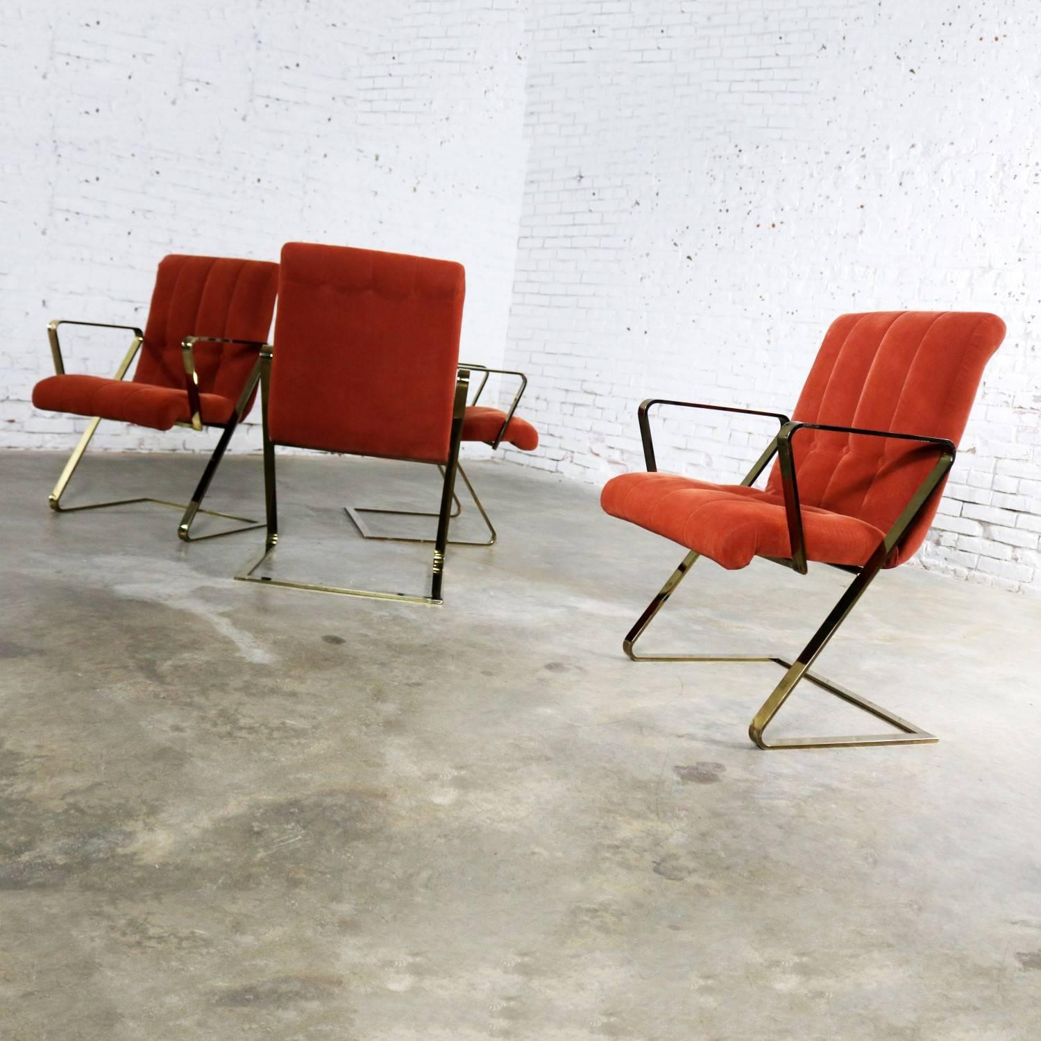 Velvet Z Frame Brass Plate Dining Chairs Style Milo Baughman, Set of Four