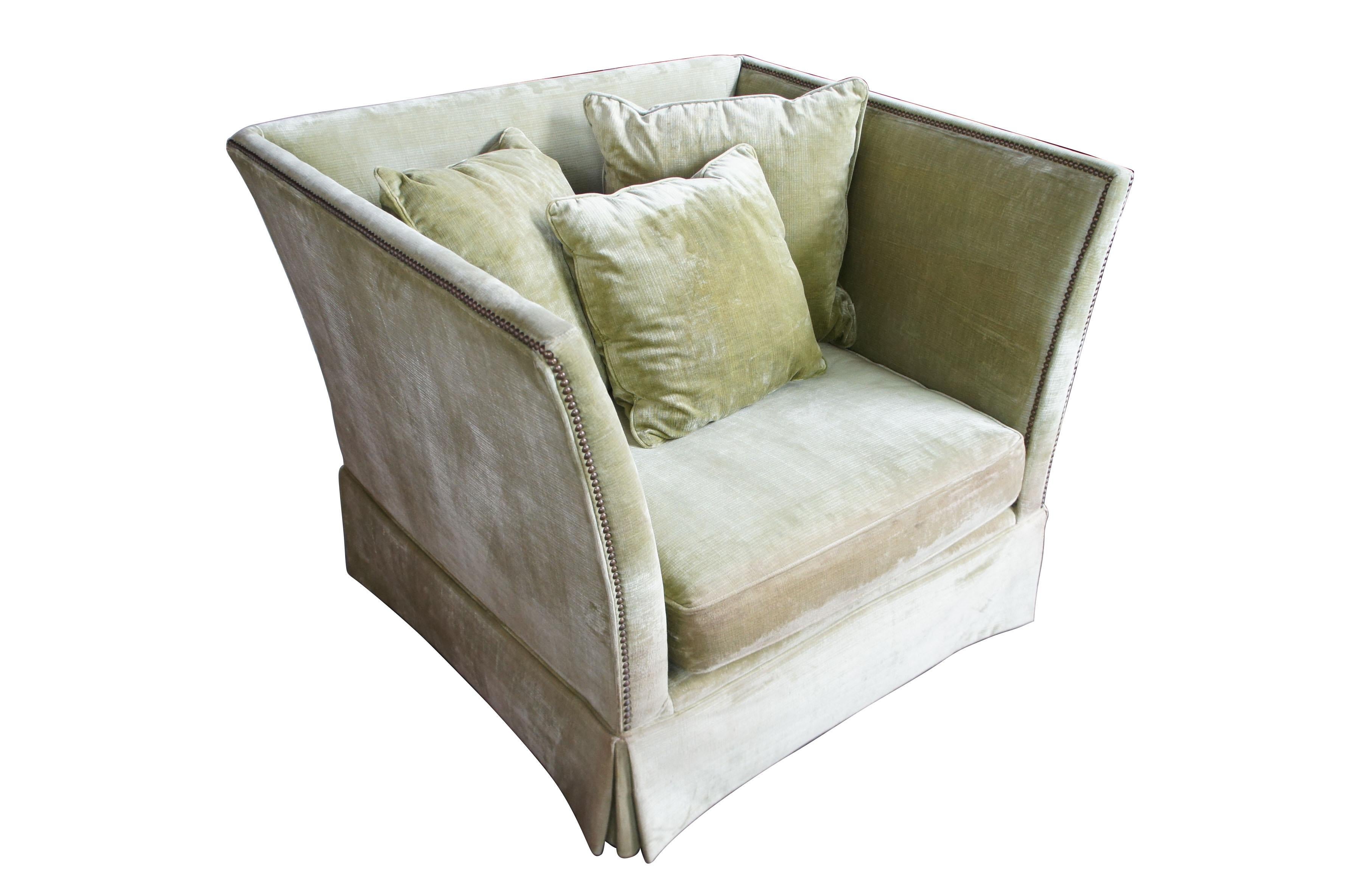 Z Gallerie oversized olive green corduroy square easy club chair nailhead trim

Olive green square club chair. With flared arms, matching pillows and nailhead trim it’s the perfect statement for any setting.