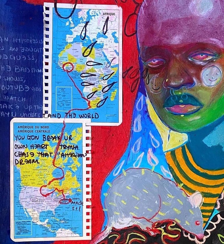 I broke my own heart with a visa: Black African woman w/ rats, text, collage map - Painting by Z the Rat (Zeinab Diomande)