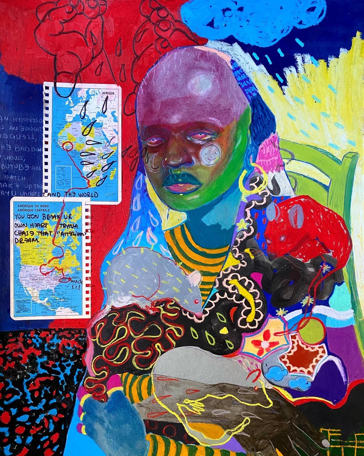 Z the Rat (Zeinab Diomande) Portrait Painting - I broke my own heart with a visa: Black African woman w/ rats, text, collage map