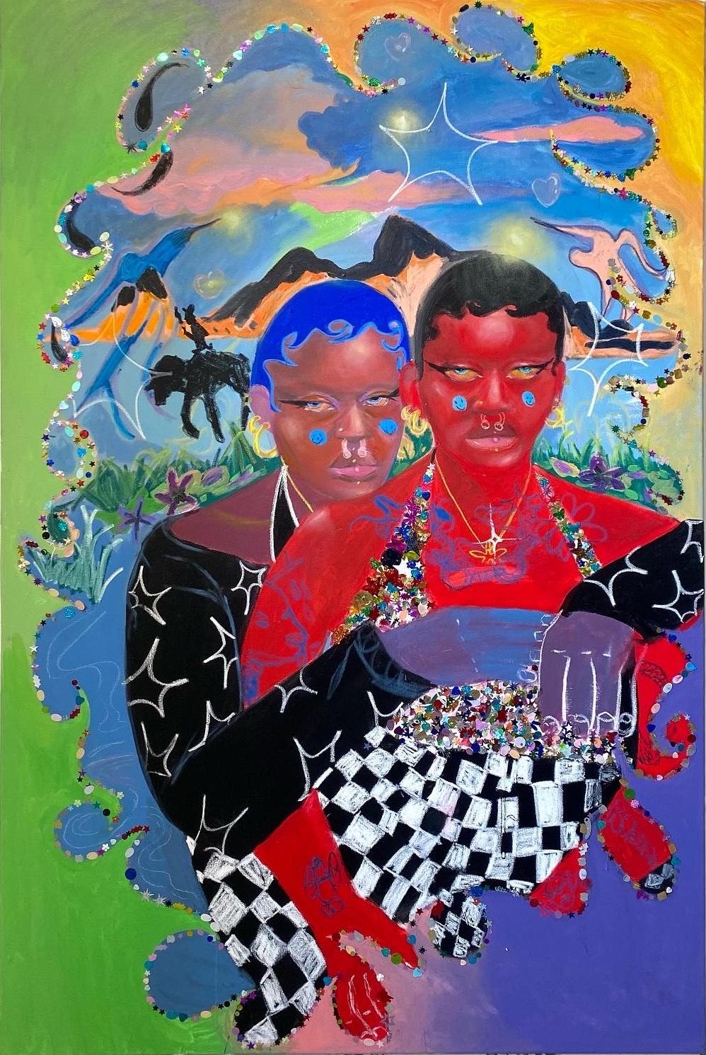 Self Soothing: painting w/ collage of Black African women & abstracted landscape