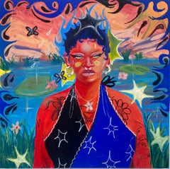 Stargazing : Femme africaine noire dans un paysage d'eau abstrait avec ciel rose