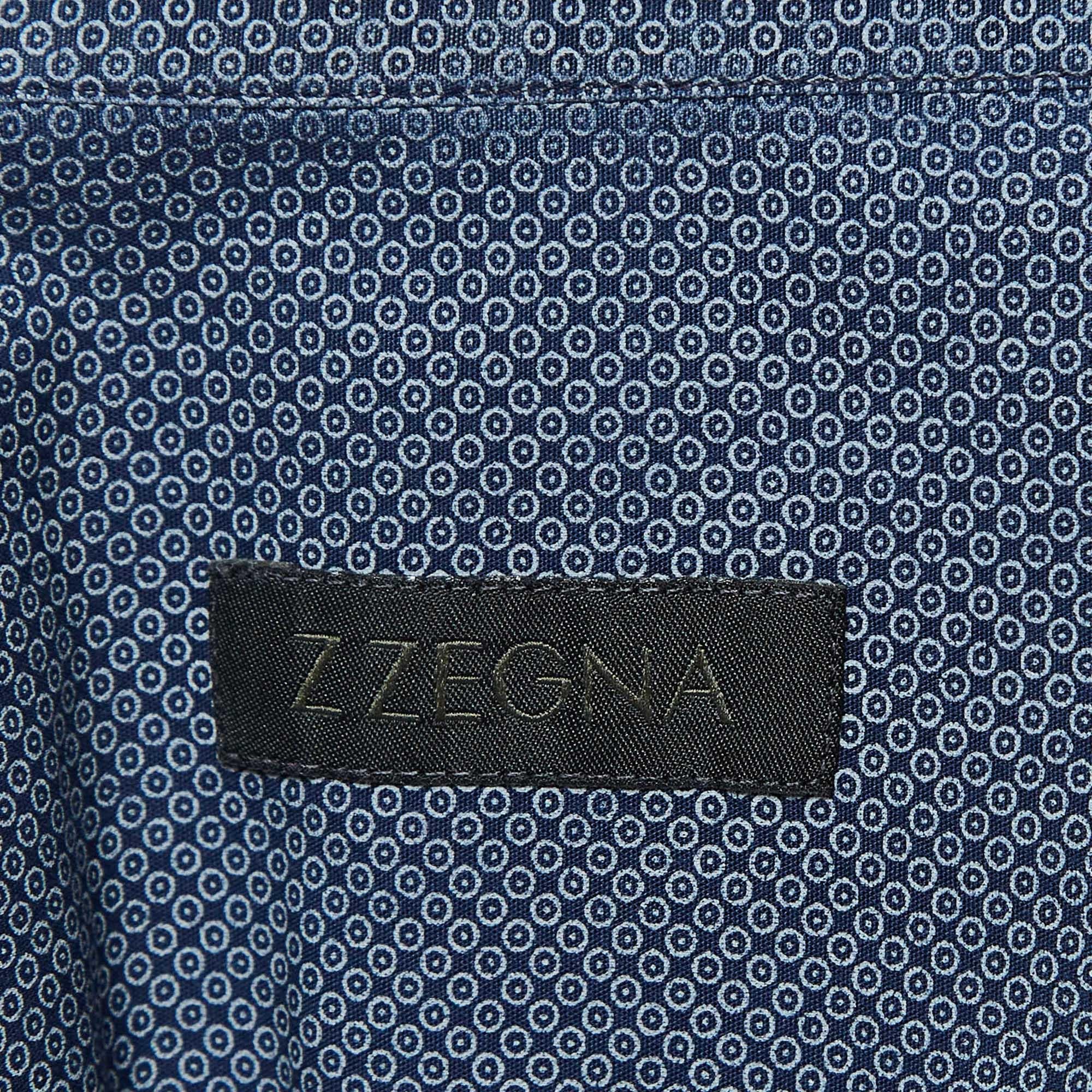 Z Zegna Blue Printed Cotton Button Front Shirt S In Good Condition For Sale In Dubai, Al Qouz 2