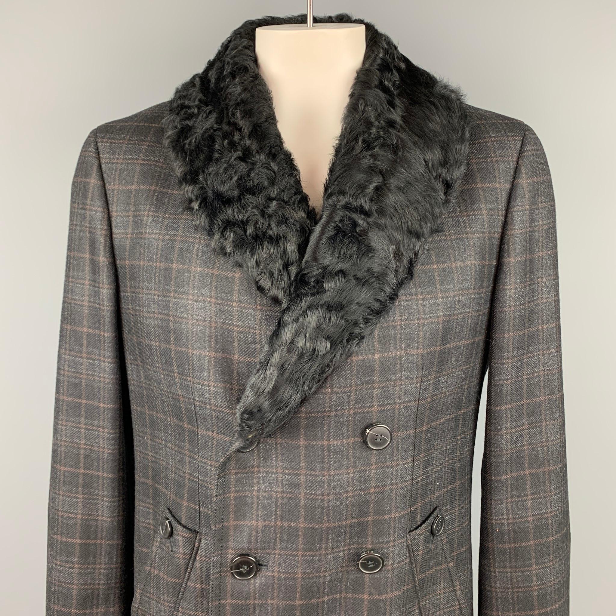 Z ZEGNA coat comes in a charcoal plaid wool with a full liner featuring a fur collar, slit pockets, and a double breasted closure.

Very Good Pre-Owned Condition.
Marked: 52 L

Measurements:

Shoulder: 19 in.
Chest: 42 in.
Sleeve: 29 in.
Length: