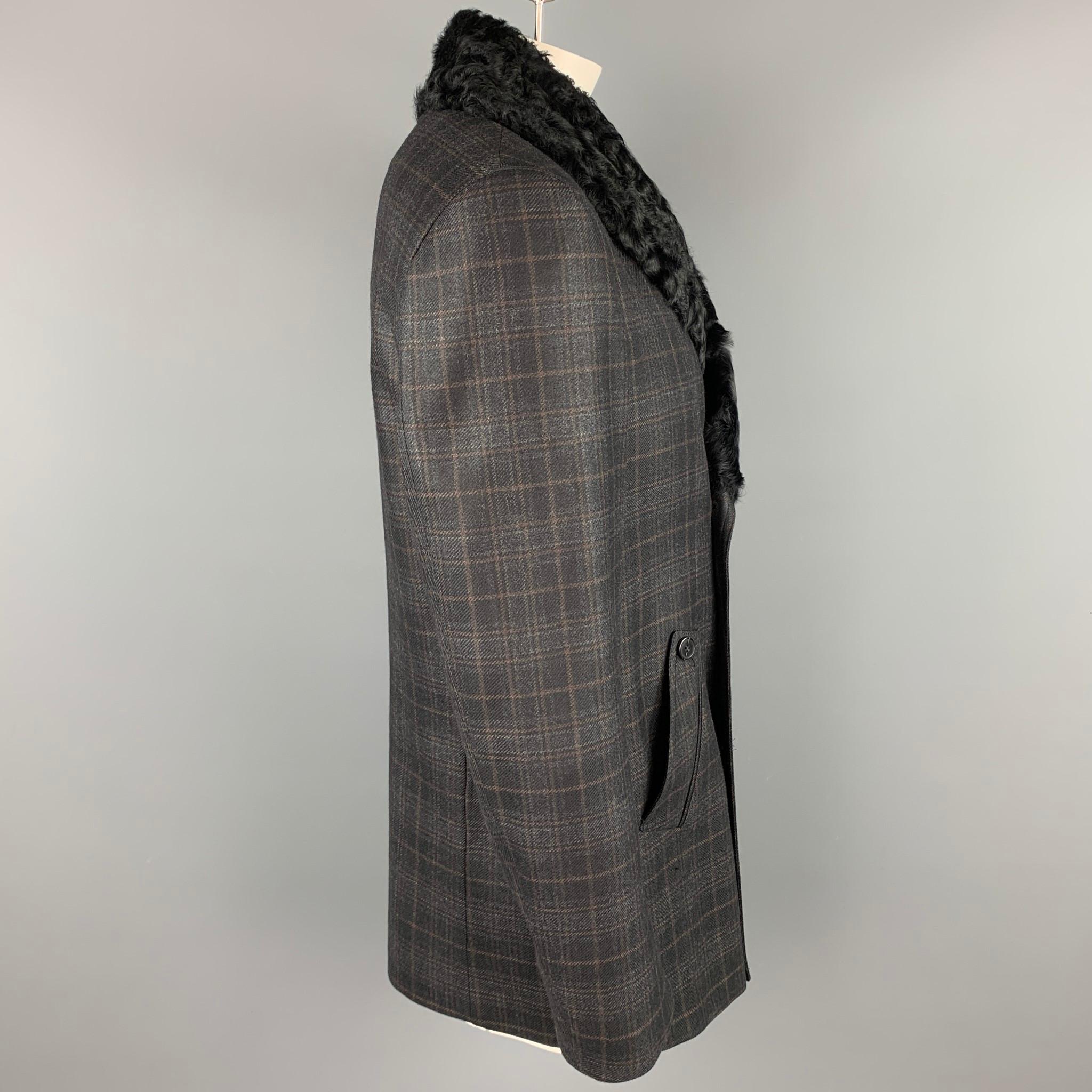 Gray Z ZEGNA Size 42 Charcoal Plaid Wool Double Breasted Coat