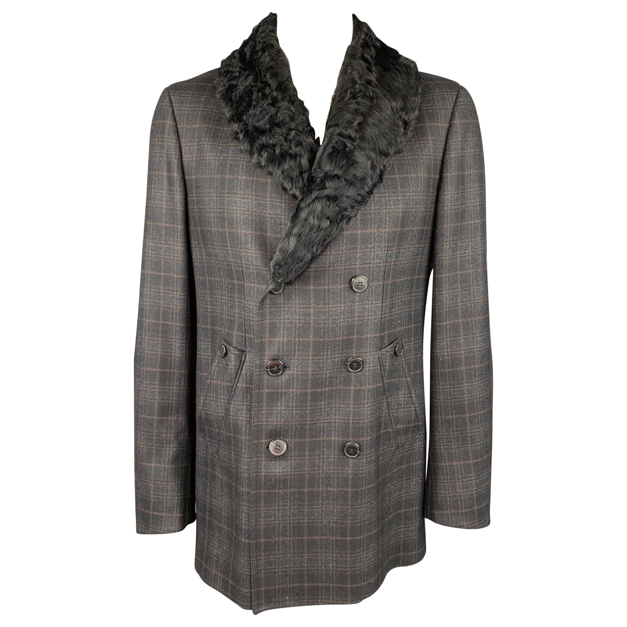 Z ZEGNA Size 42 Charcoal Plaid Wool Double Breasted Coat