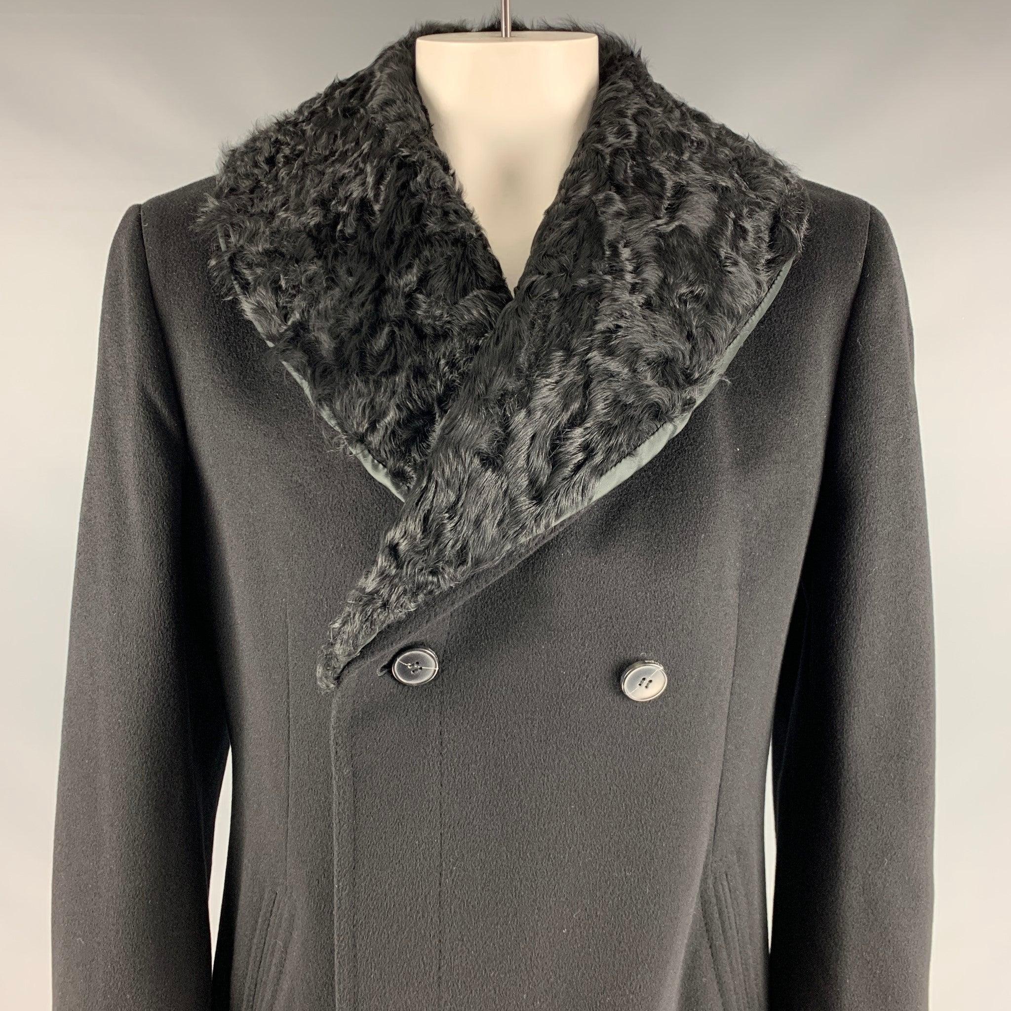 Z ZEGNA coat
in a black cashmere fabric featuring a double breasted style, detachable fur collar, and a button closure. Made in Italy.Excellent Pre-Owned Condition. 

Marked:   IT 56 

Measurements: 
 
Shoulder: 18 inches Chest: 46 inches Sleeve: 26
