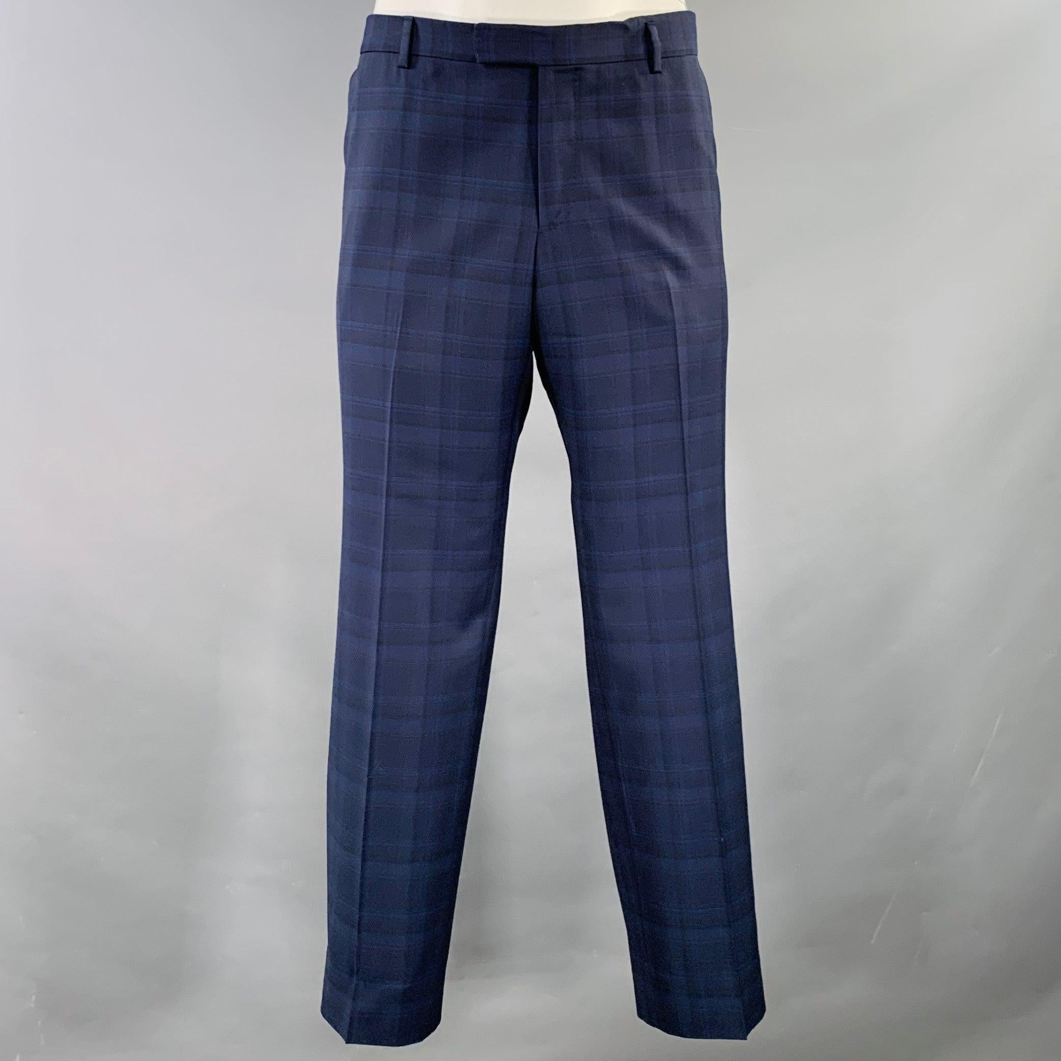 Uomo Z Zegna Taglia 46 Regular Plaid Blu Navy in lana con risvolto a tacca in vendita