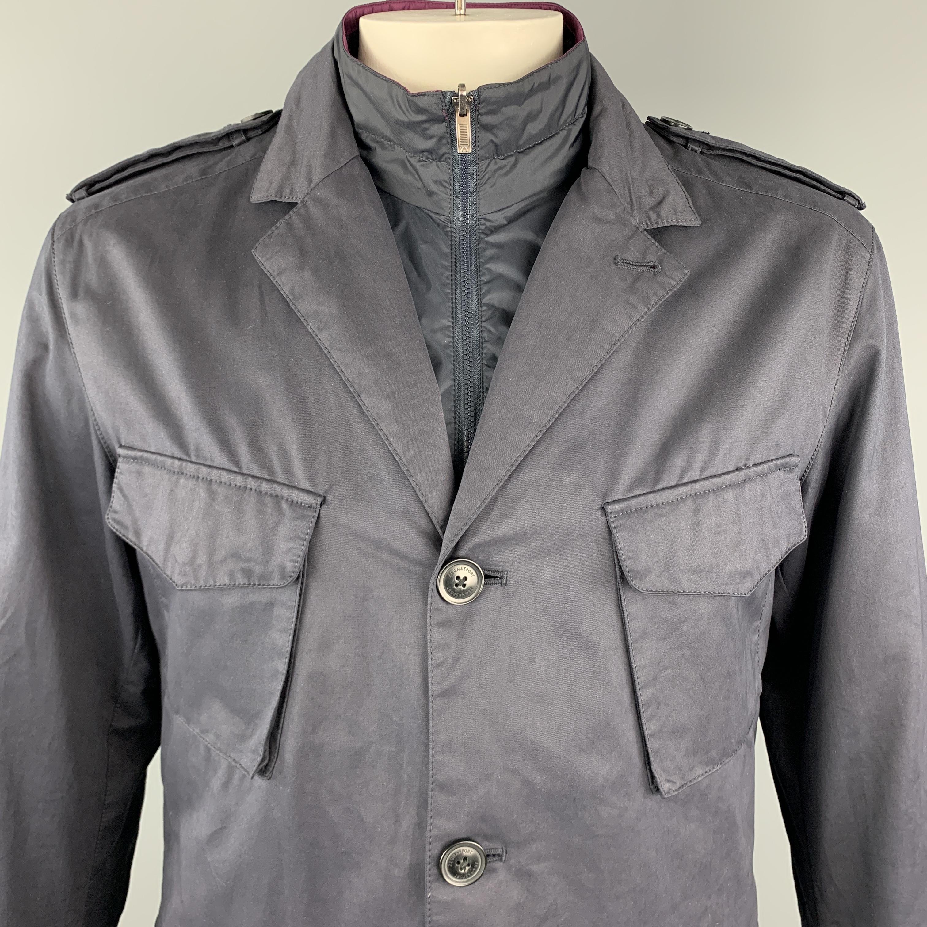 Z ZEGNA SPORT military style jacket comes in navy blue waterproof 