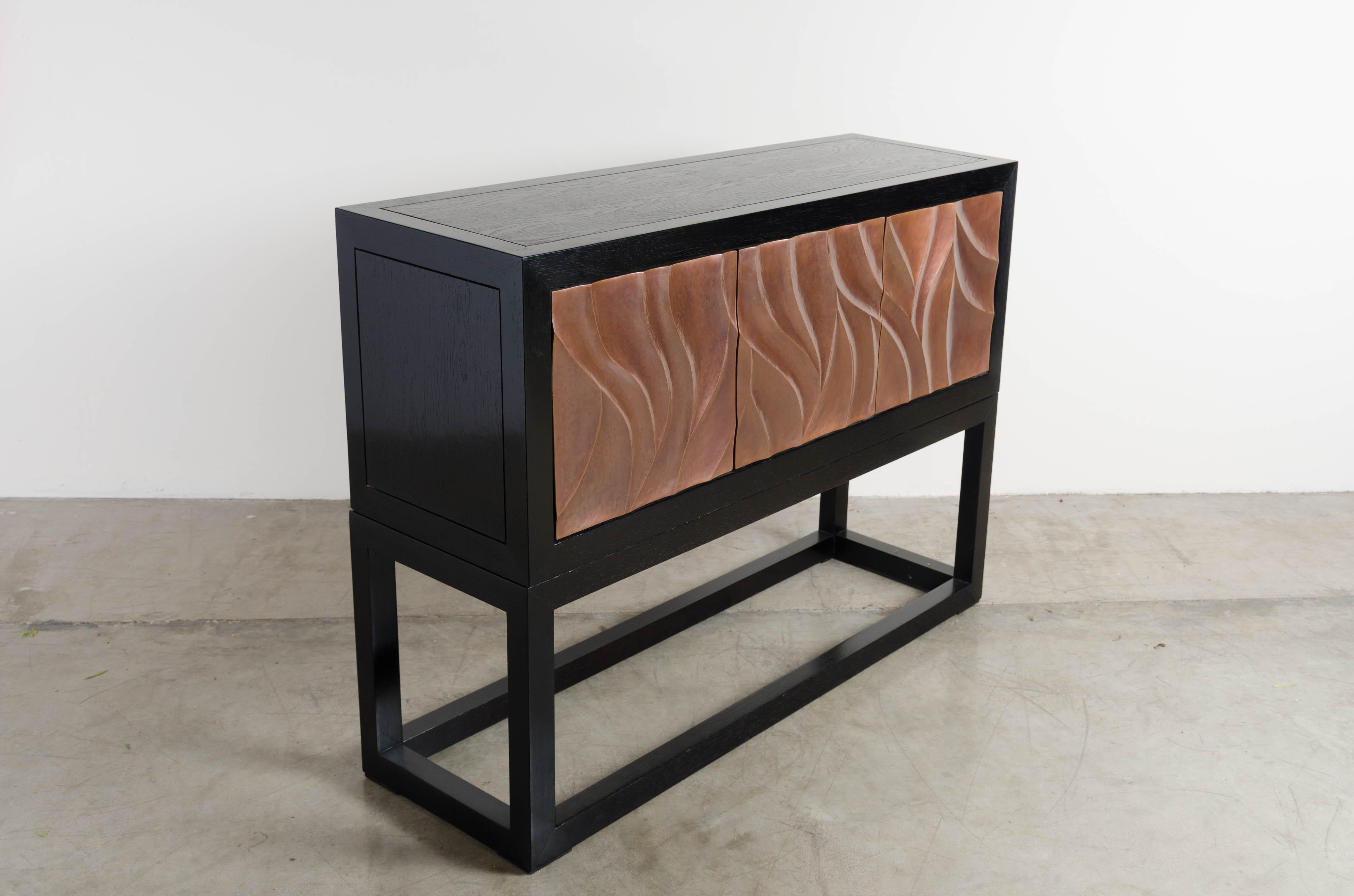 Lacquered Za Xian 3-Door Cabinet on Stand, Antique Copper by Robert Kuo, Limited Edition