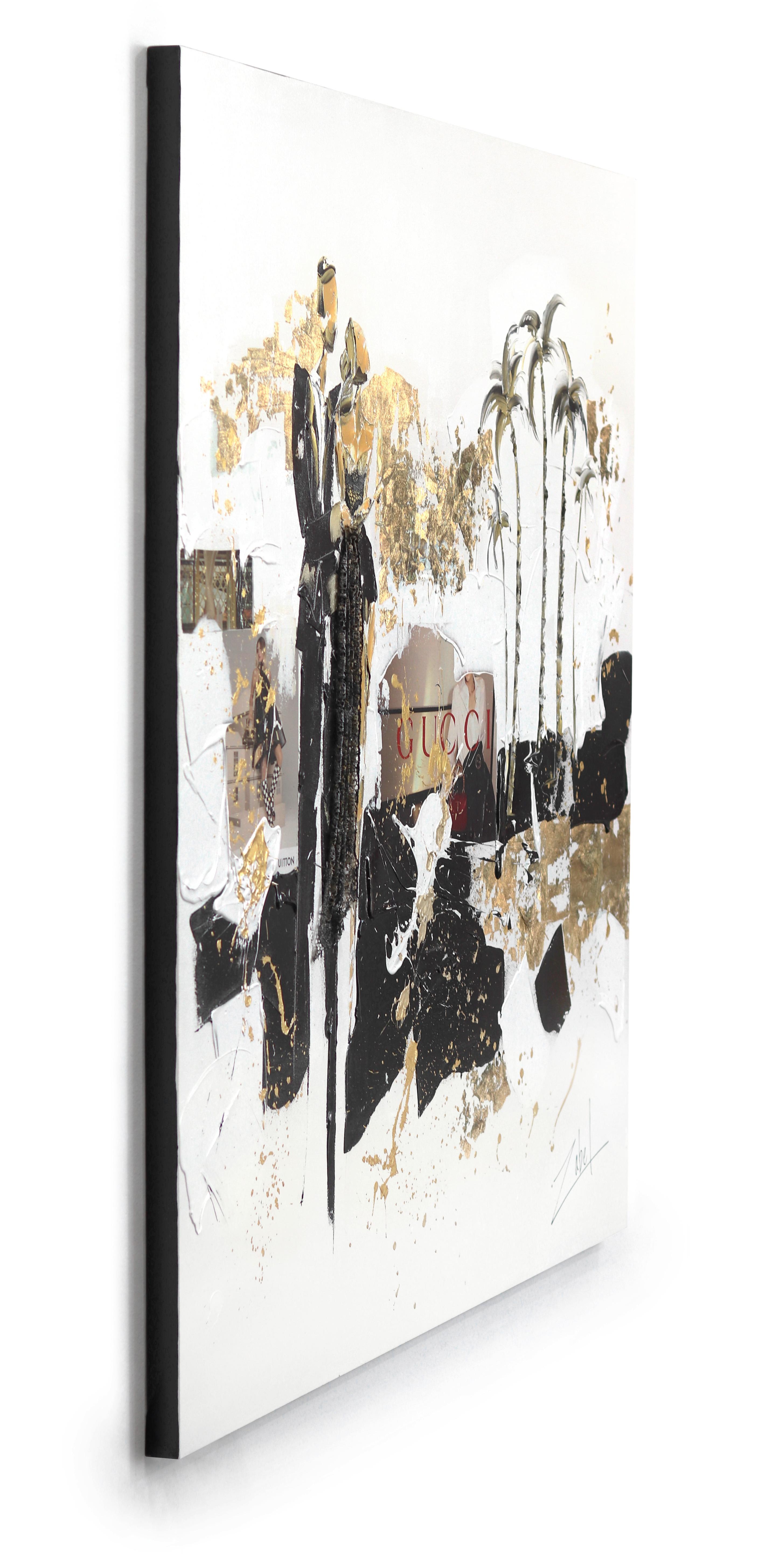Gucci Palmeras - Pintura Abstracta Negra Blanca Dorada Inspirada en el Verano en venta 1