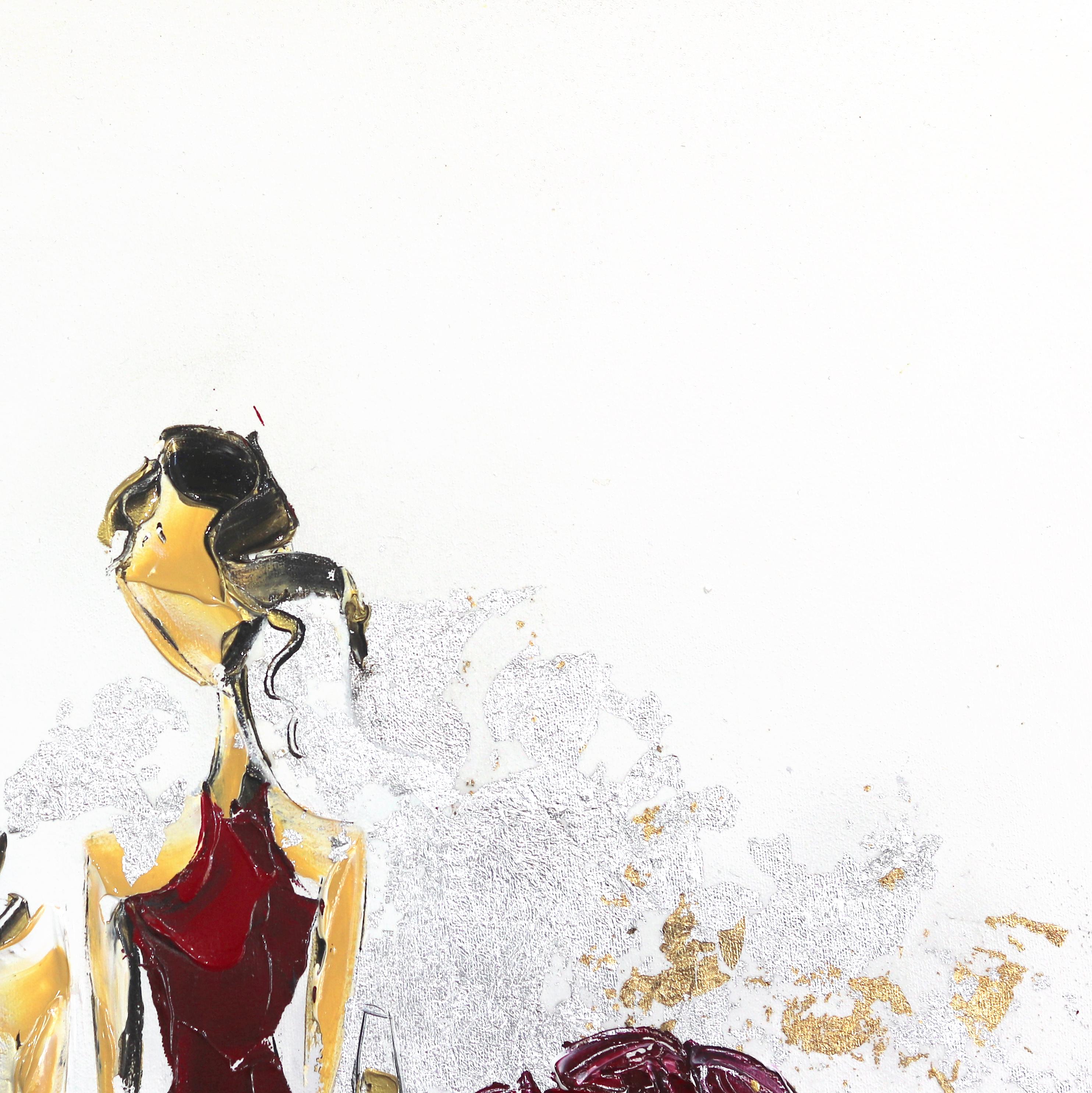 Romantic Bar - Abstract Black White Red Gold Figurative Painting For Sale 1