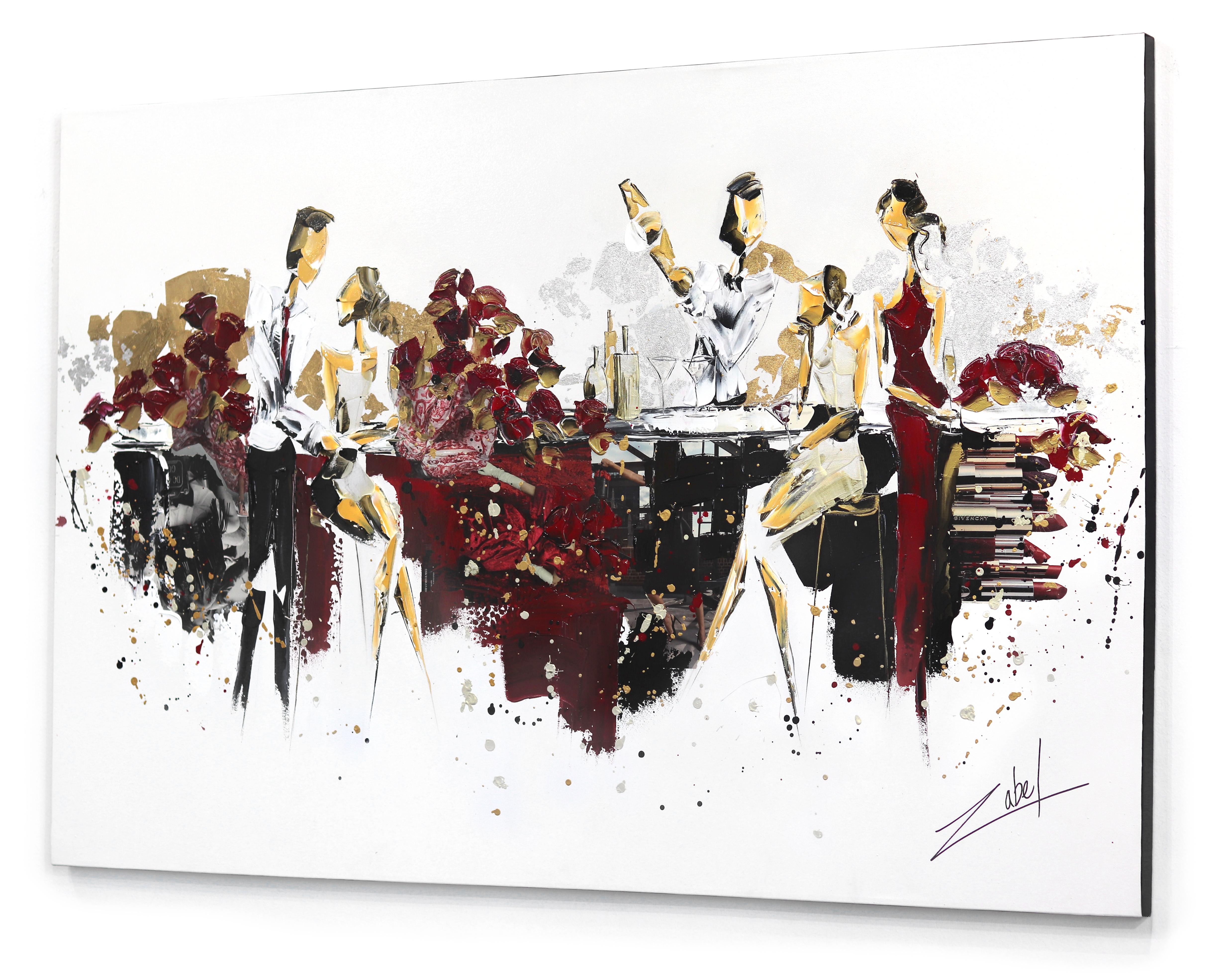Romantic Bar - Abstract Black White Red Gold Figurative Painting For Sale 2