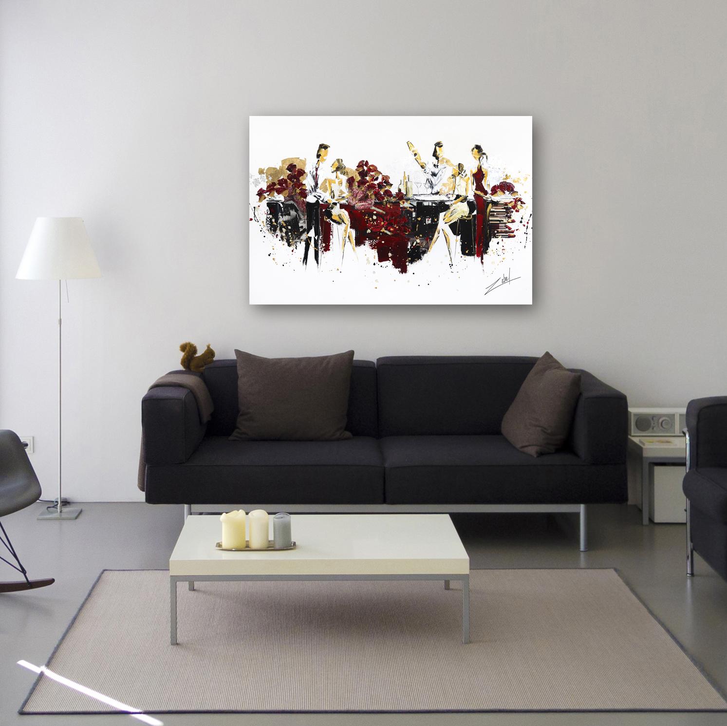 Romantic Bar - Abstract Black White Red Gold Figurative Painting For Sale 4