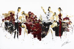 Romantic Bar - Abstract Black White Red Gold Figurative Painting