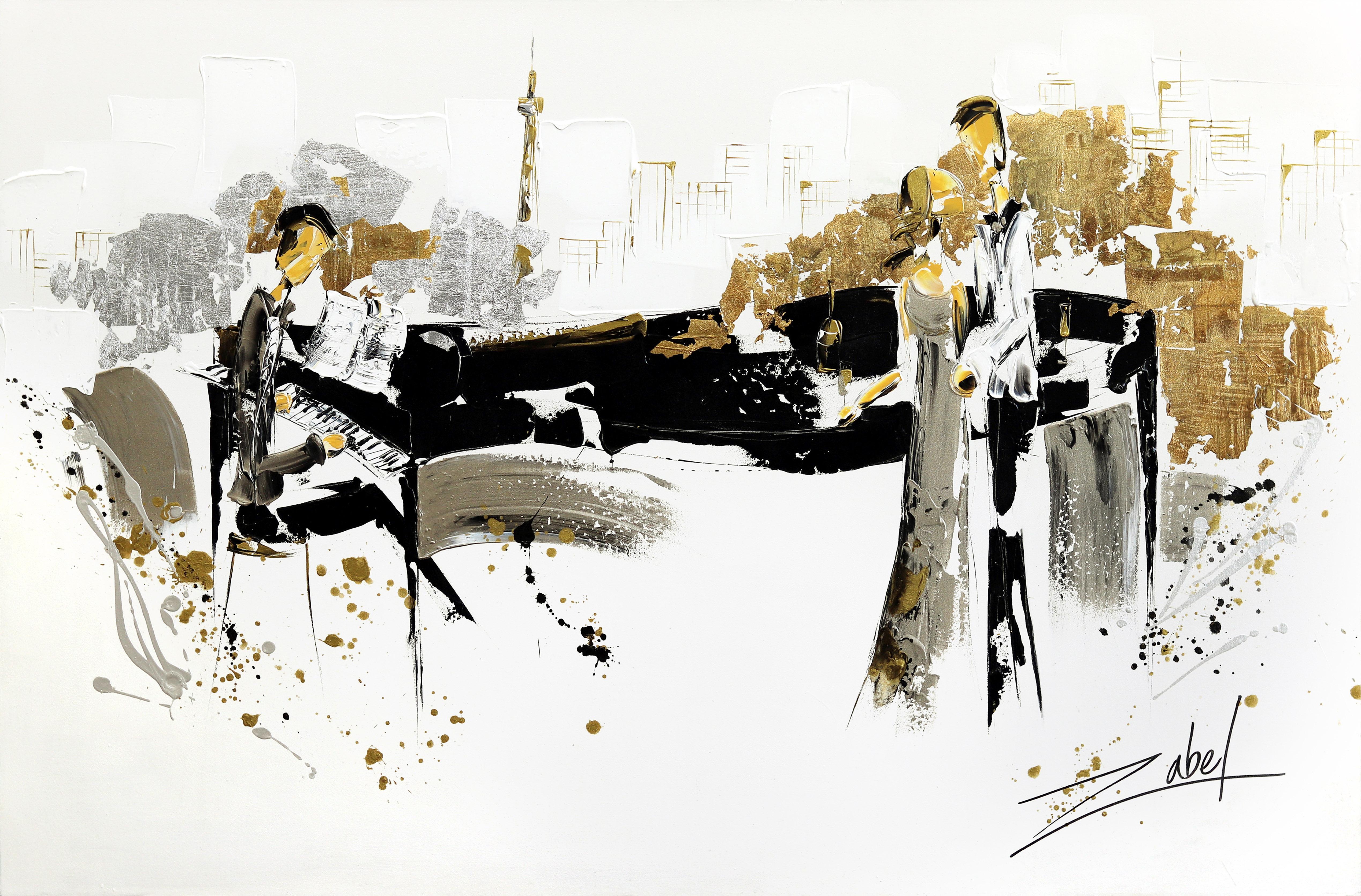 Toronto Golden Music - Black White Gold Romantic Couple and Piano Original Art - Mixed Media Art by Zabel