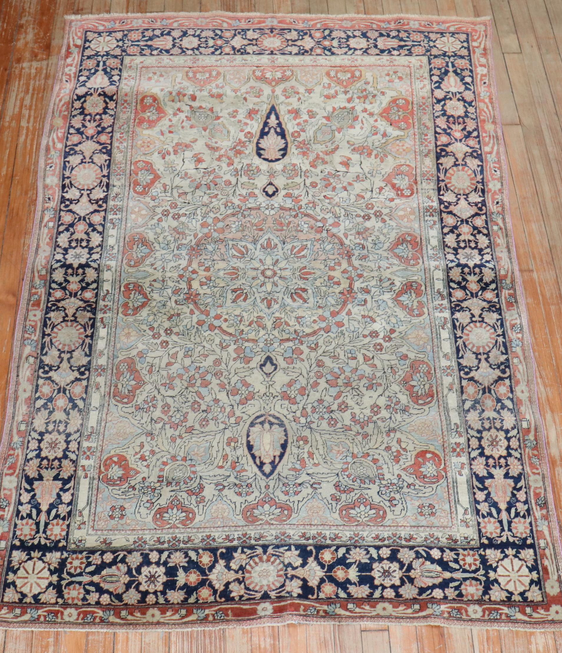 Late 19th Century  Mohtasham Kashan Rug

4'3'' x 6'6''

The most rare group of Kashan carpets that utilizes non-traditional designs and color palettes is the “Motashem Kashan,” which were woven up to the end of the 19th century. This elite class of