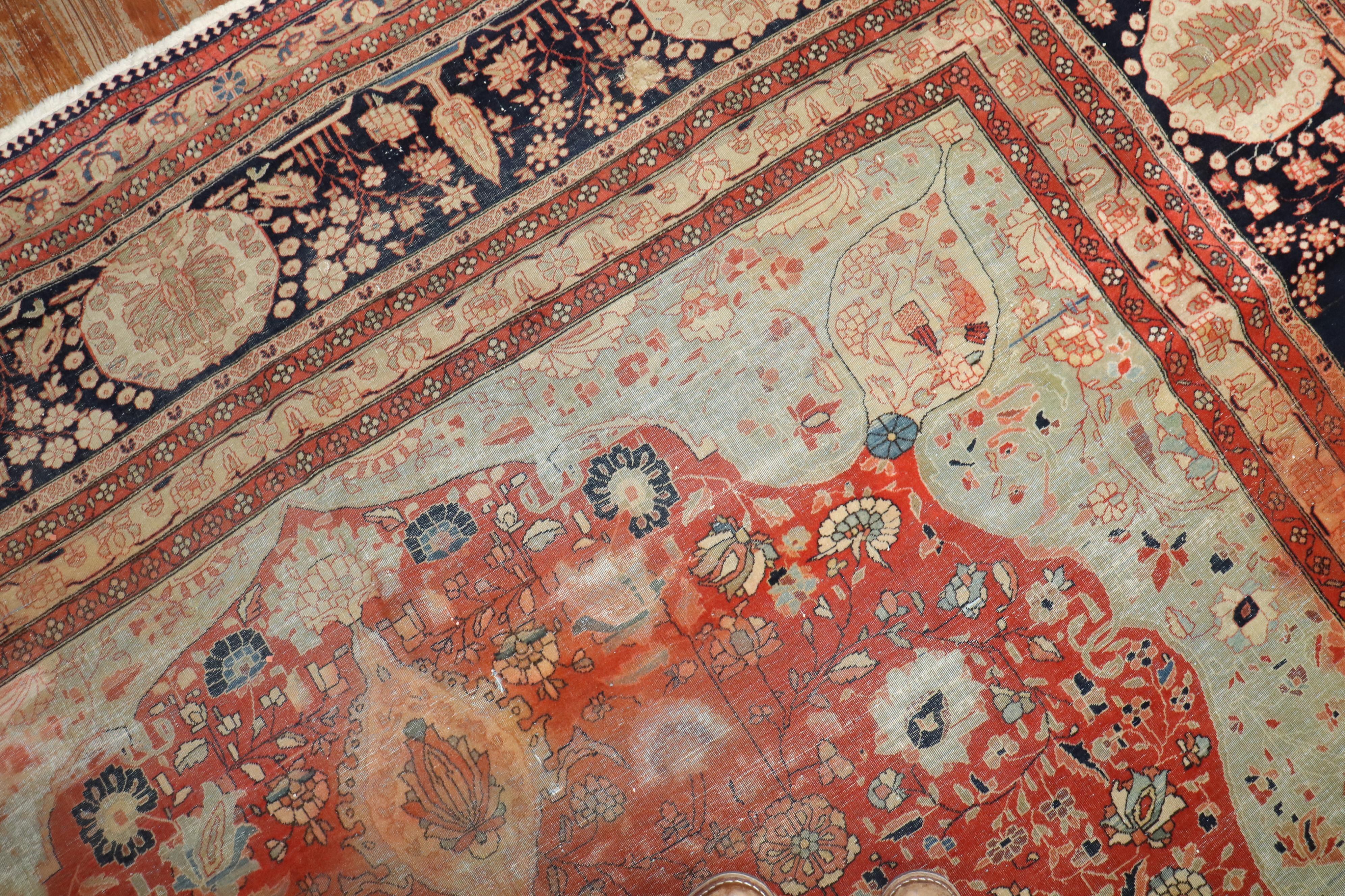 Persian Zabihi Collection 19th Century Antique Mohtasham Kashan Room size Rug For Sale