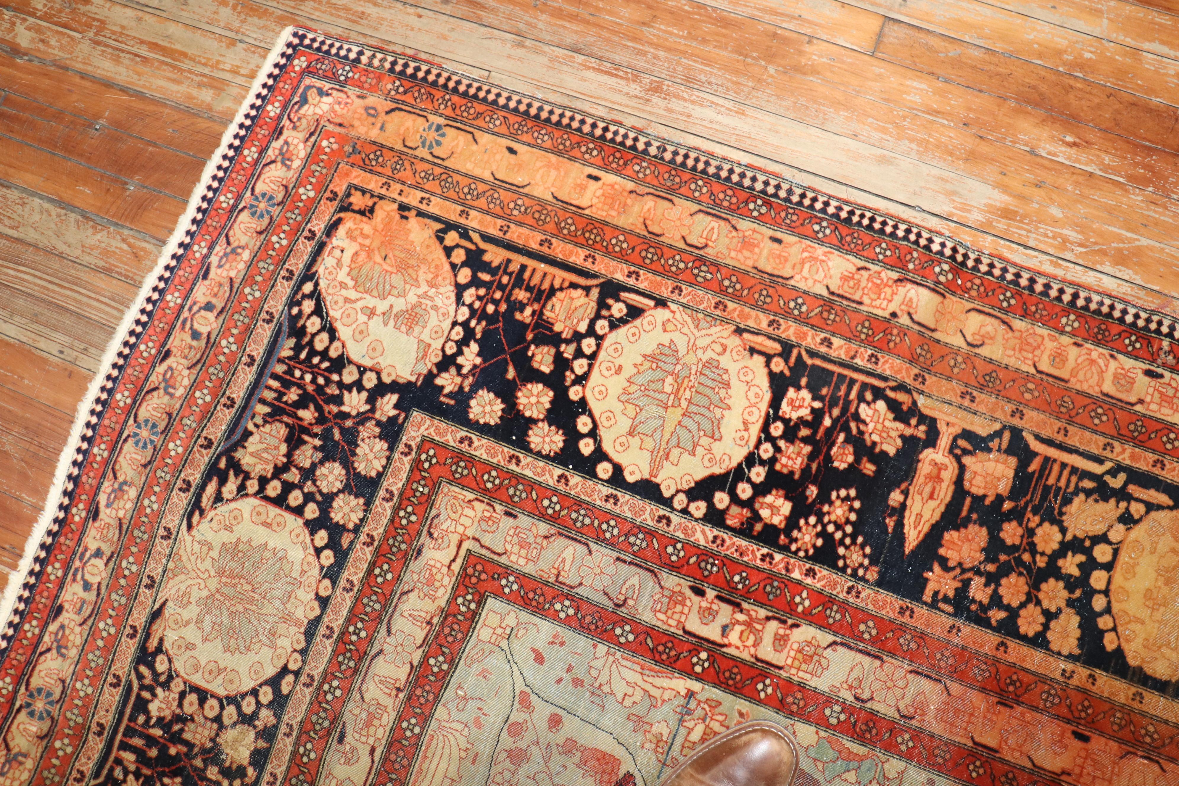 Hand-Woven Zabihi Collection 19th Century Antique Mohtasham Kashan Room size Rug For Sale