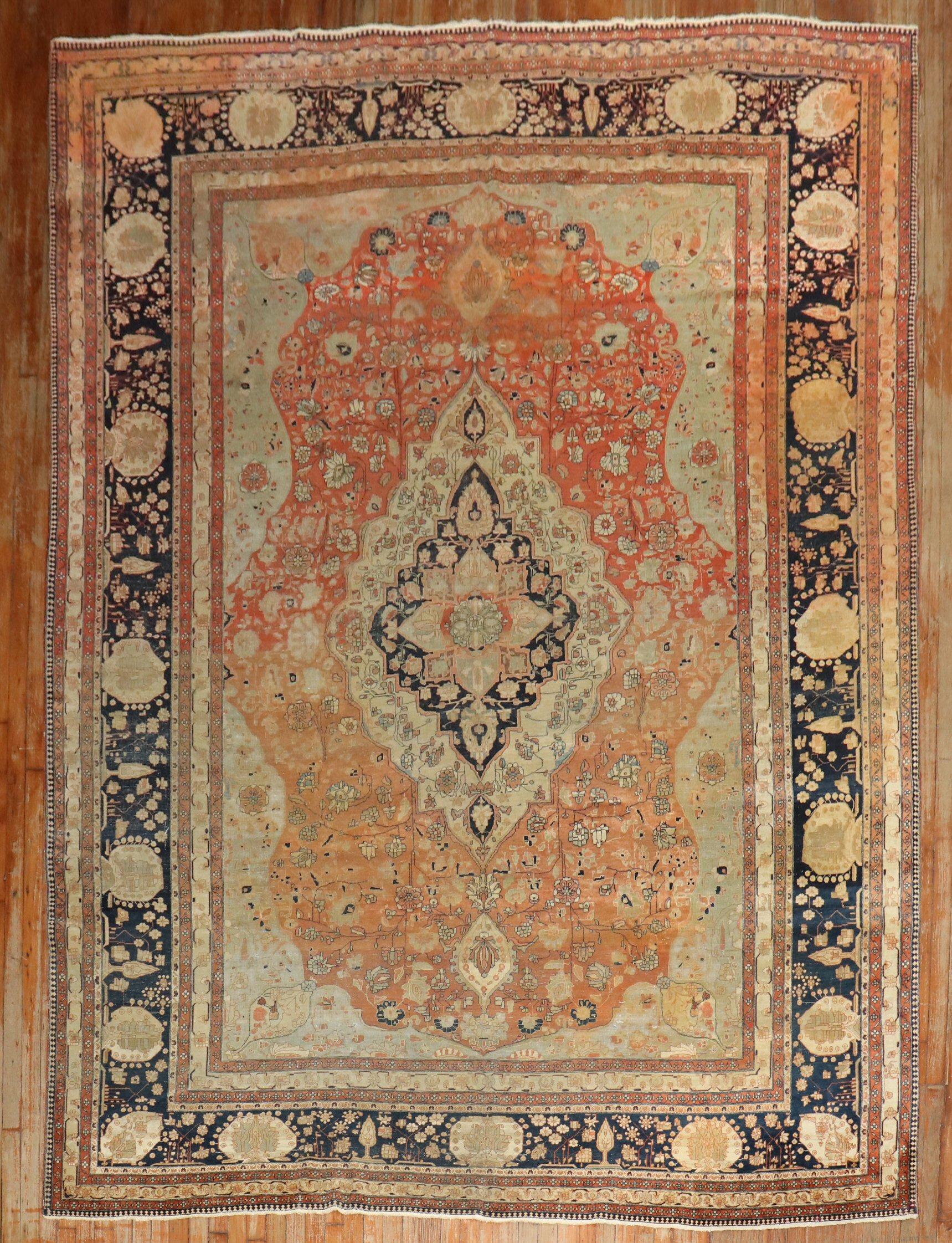 Wool Zabihi Collection 19th Century Antique Mohtasham Kashan Room size Rug For Sale