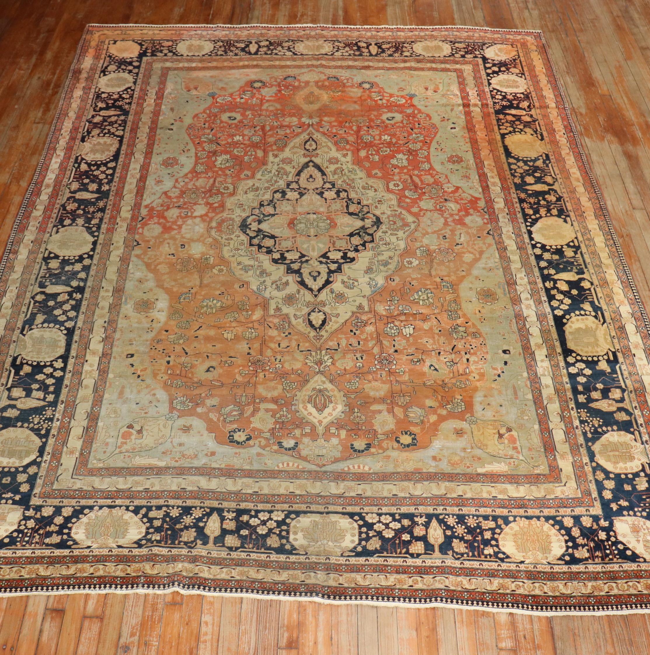Zabihi Collection 19th Century Antique Mohtasham Kashan Room size Rug For Sale 1