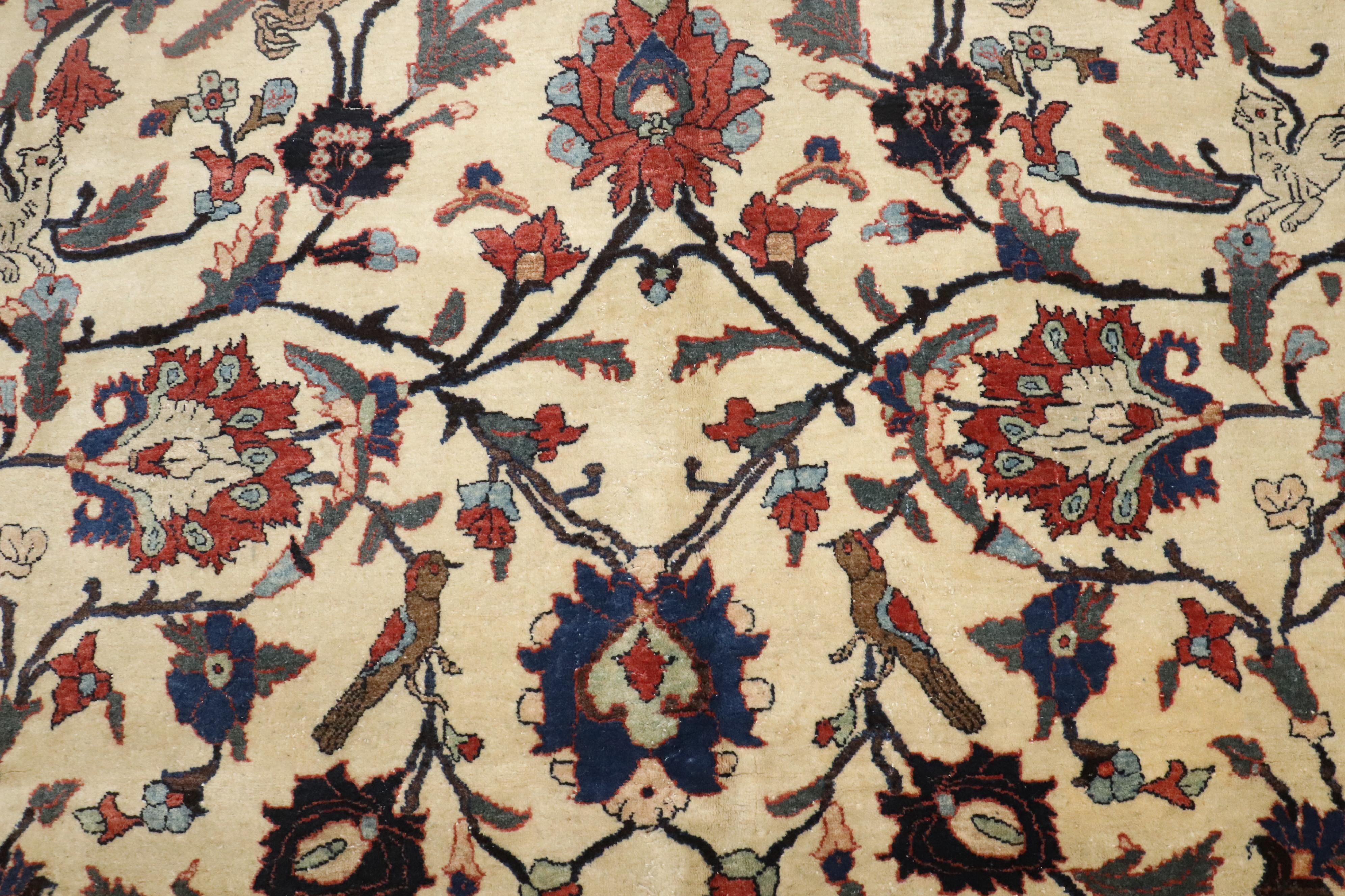 Wool Zabihi Collection 19th Century Ivory Antique Persian Teheran Carpet For Sale