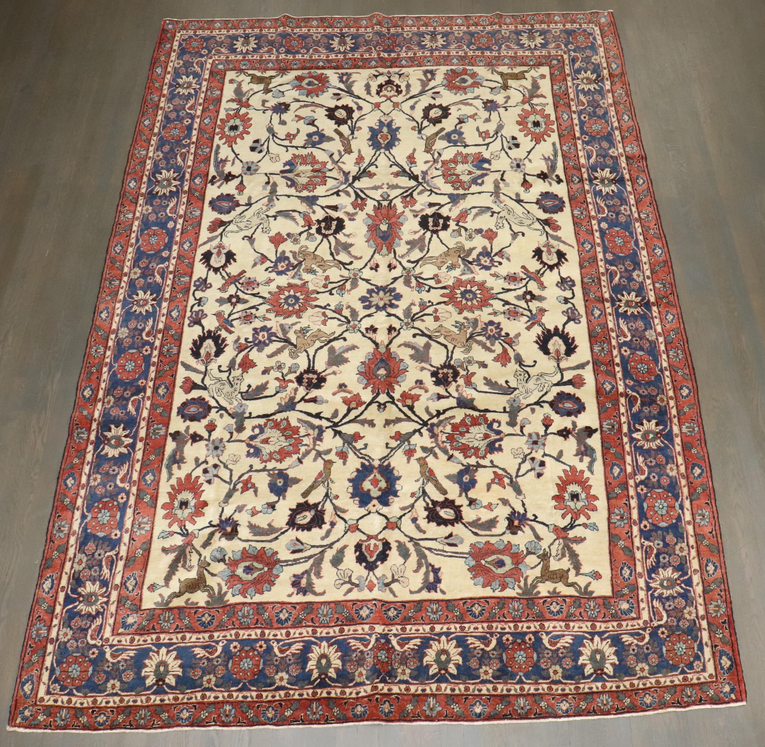 Zabihi Collection 19th Century Ivory Antique Persian Teheran Carpet For Sale 3