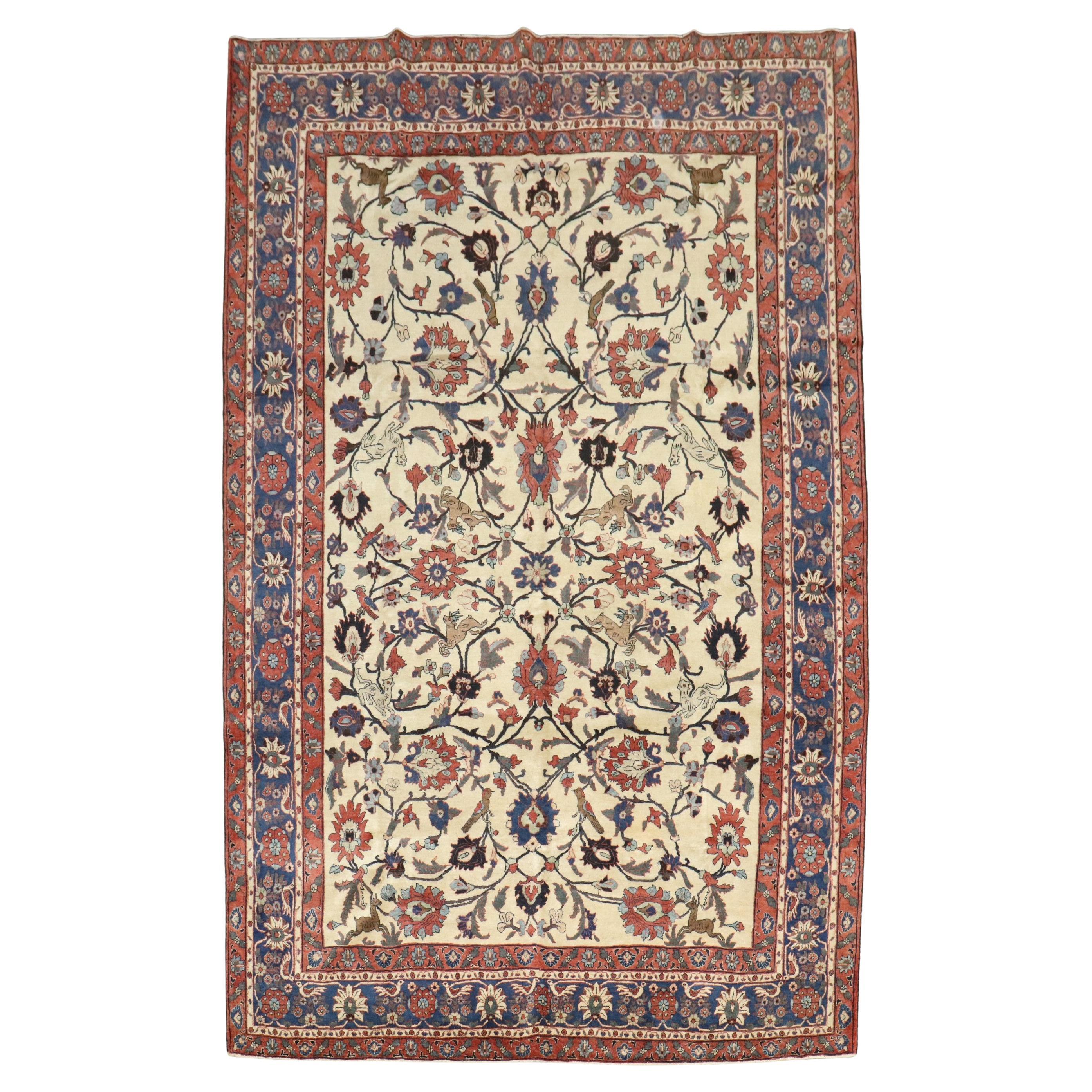 Zabihi Collection 19th Century Ivory Antique Persian Teheran Carpet For Sale