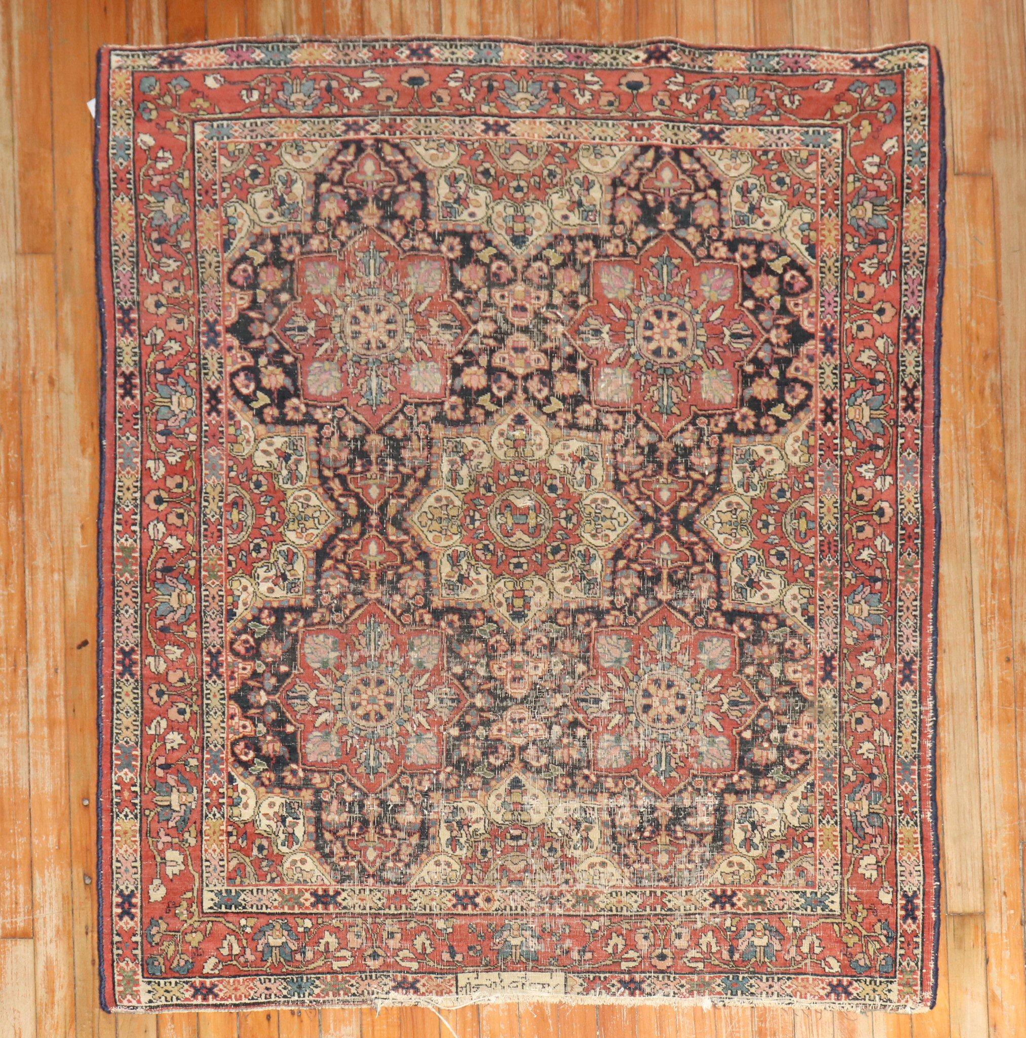 Late 19th Century Worn Persian Rug signed by weaver

Measures: 4'1