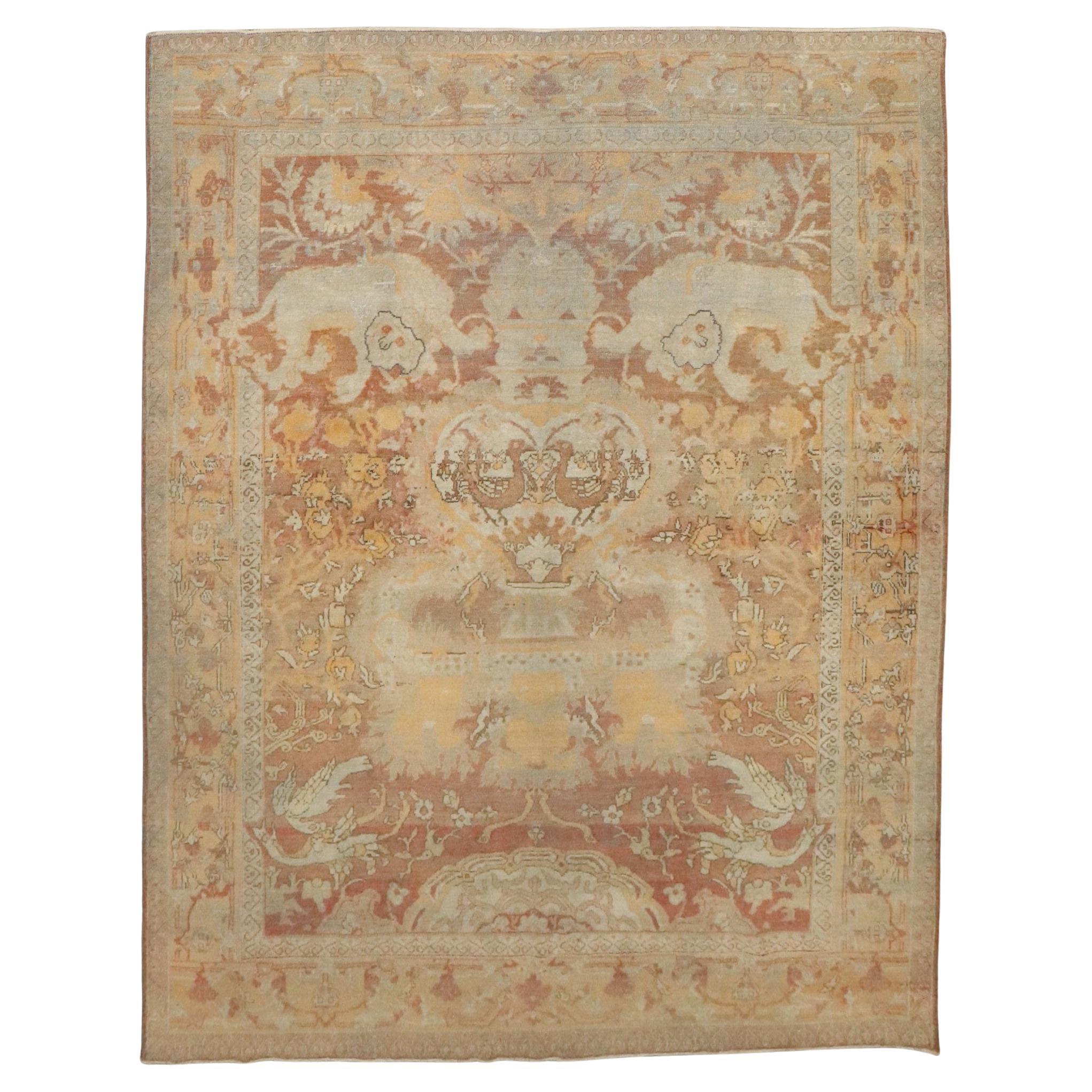 Zabihi Collection Antique Square Agra Pictorial Animal 19th Century Rug