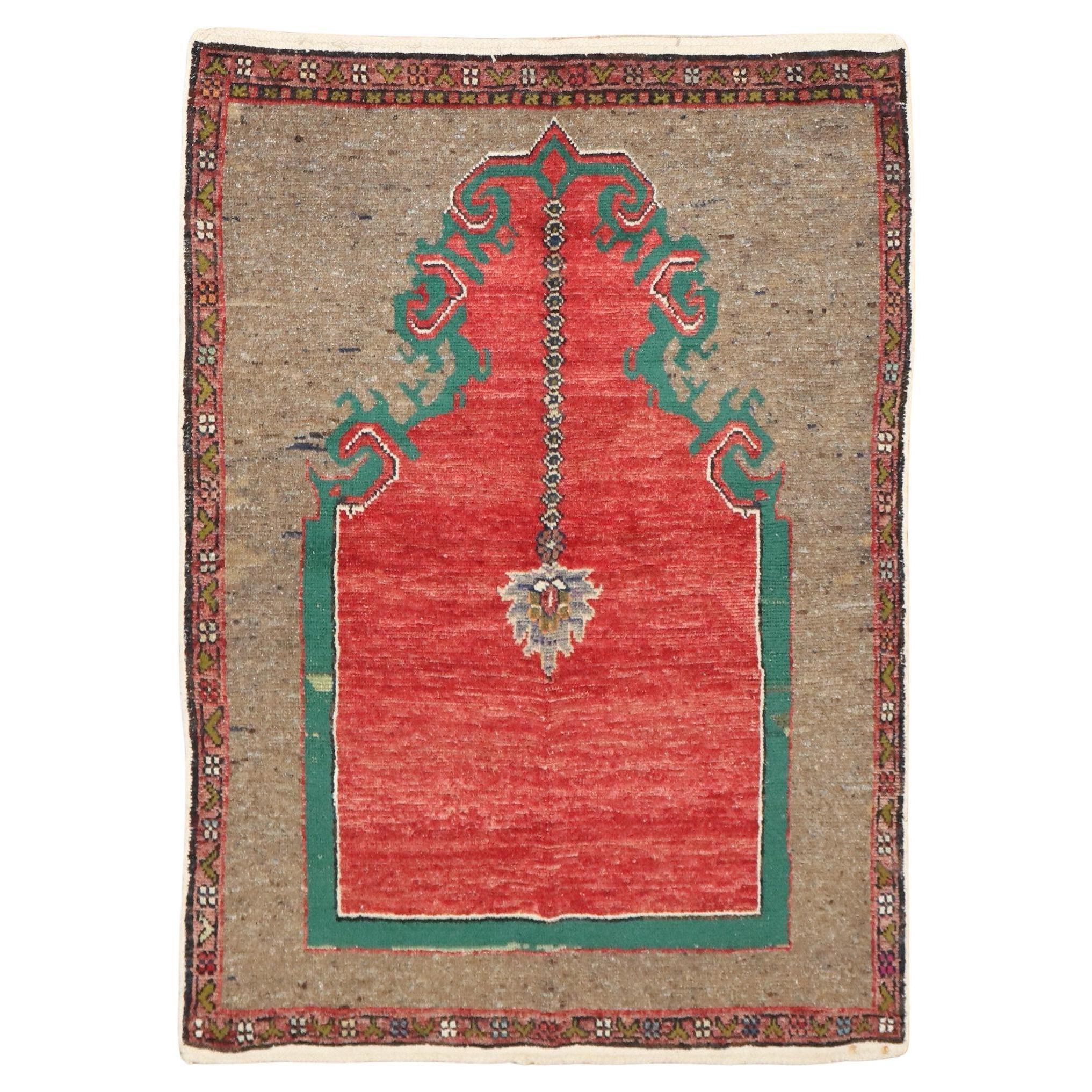 Zabihi Collection 20th Century Red Brown Green Turkish Anatolian Prayer Rug For Sale