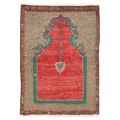 Vintage Zabihi Collection 20th Century Red Brown Green Turkish Anatolian Prayer Rug