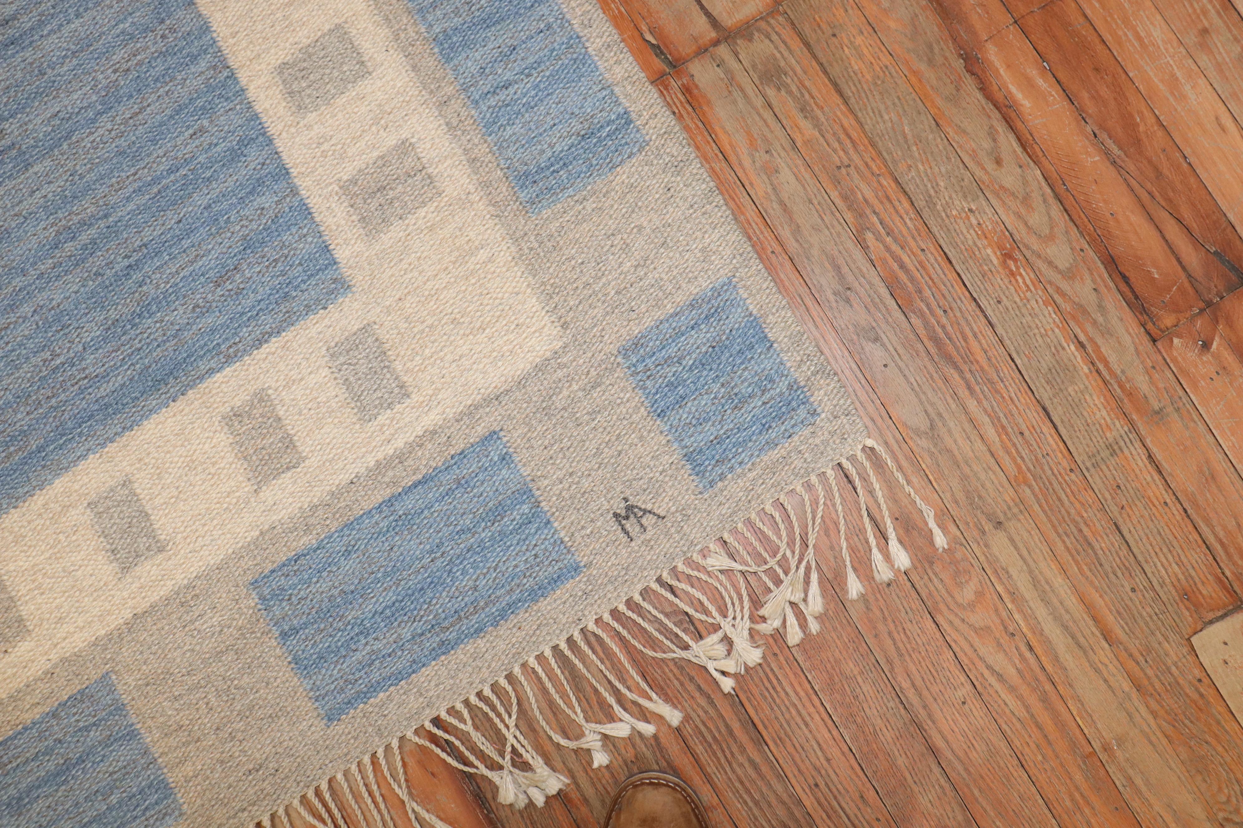 Wool Zabihi Collection Abstract Swedish Kilim signed by MA For Sale