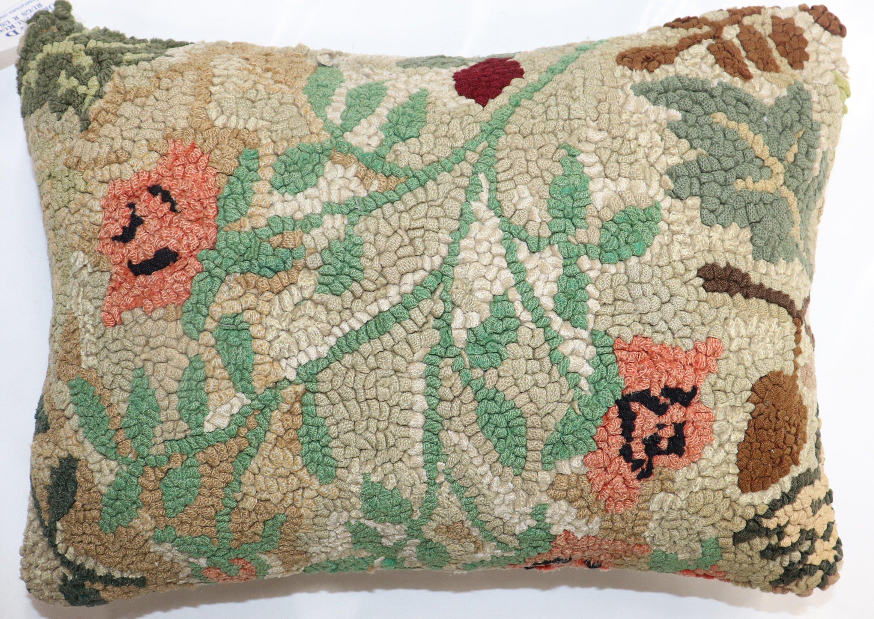 Country Zabihi Collection American Hooked Floral Rug Pillow For Sale