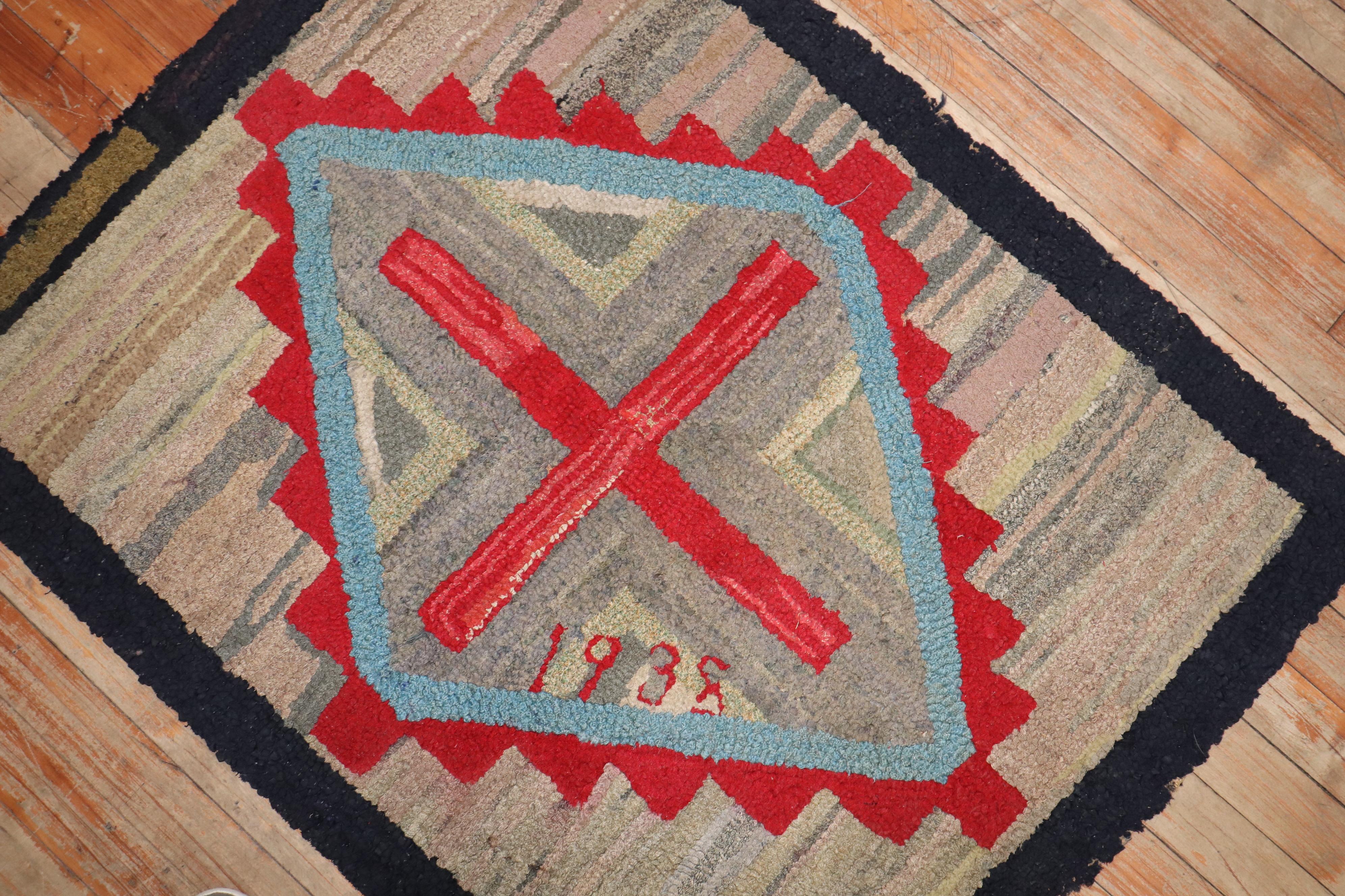 20th Century Zabihi Collection American Hooked Scatter Size Rug dated 1938 For Sale