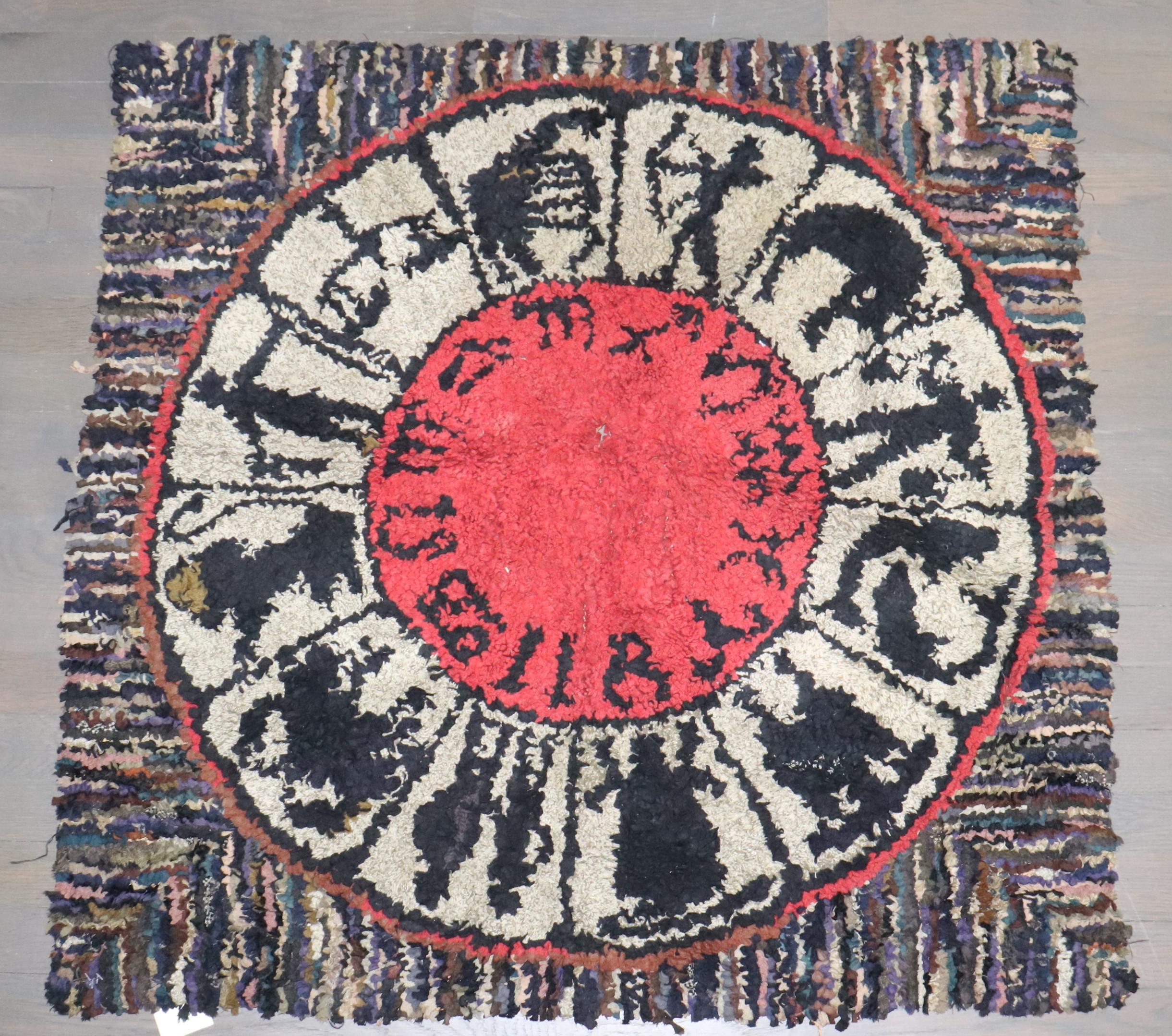Hand-Knotted Zabihi Collection American Hooked Zodiac Horoscope Vintage Square Rug For Sale