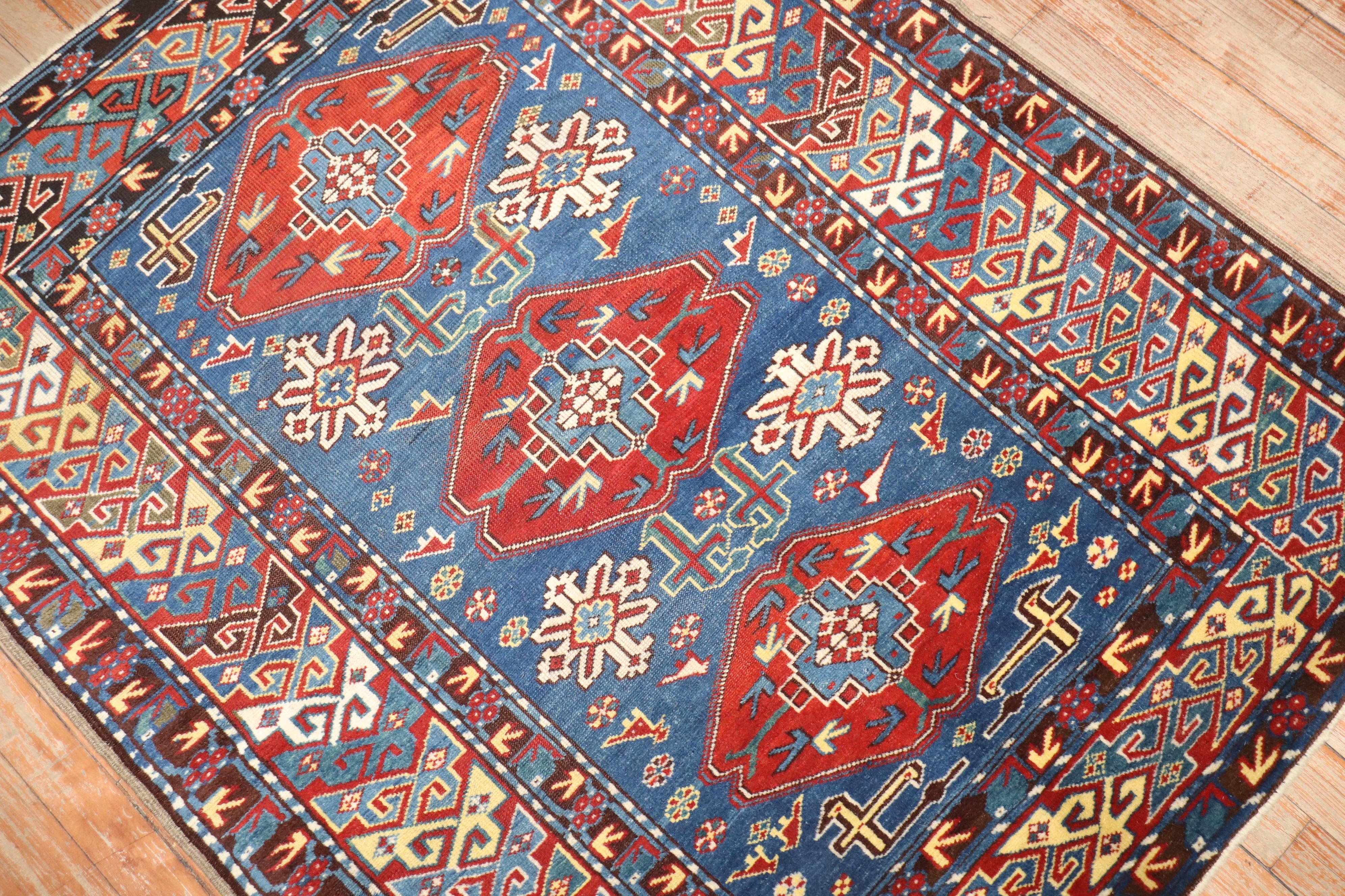 Hand-Knotted Zabihi Collection Antique Blue Caucasian Shirvan Rug For Sale