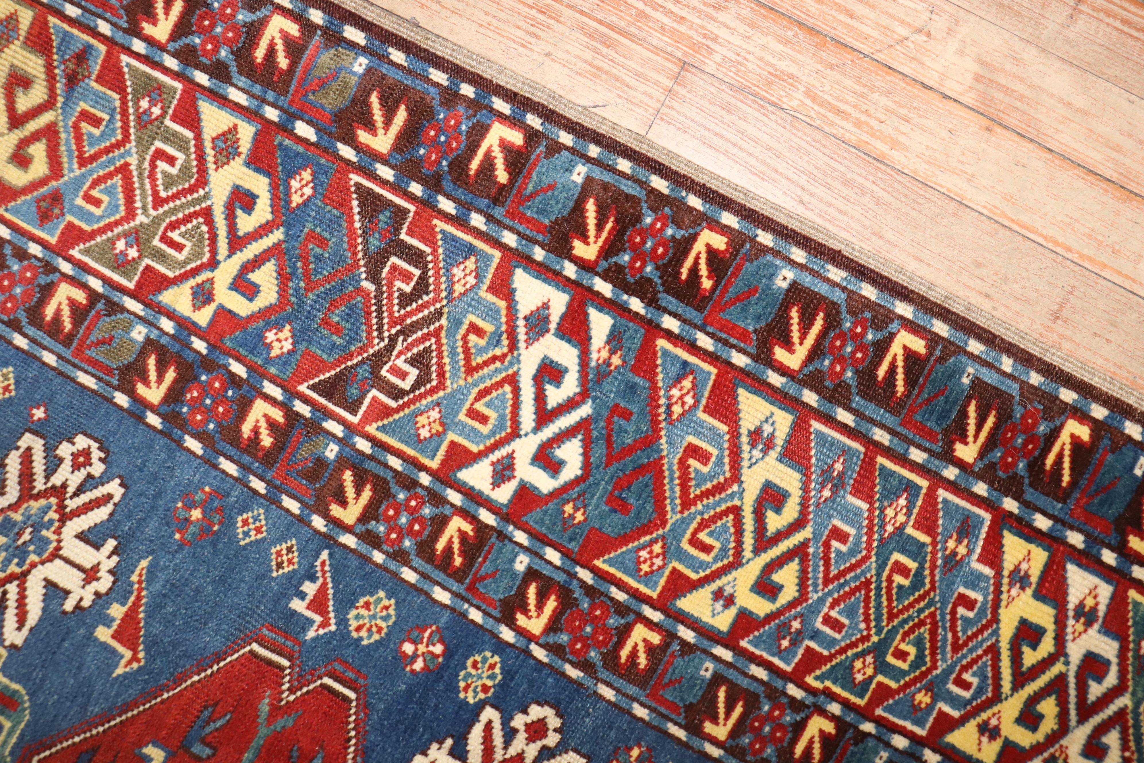 Wool Zabihi Collection Antique Blue Caucasian Shirvan Rug For Sale