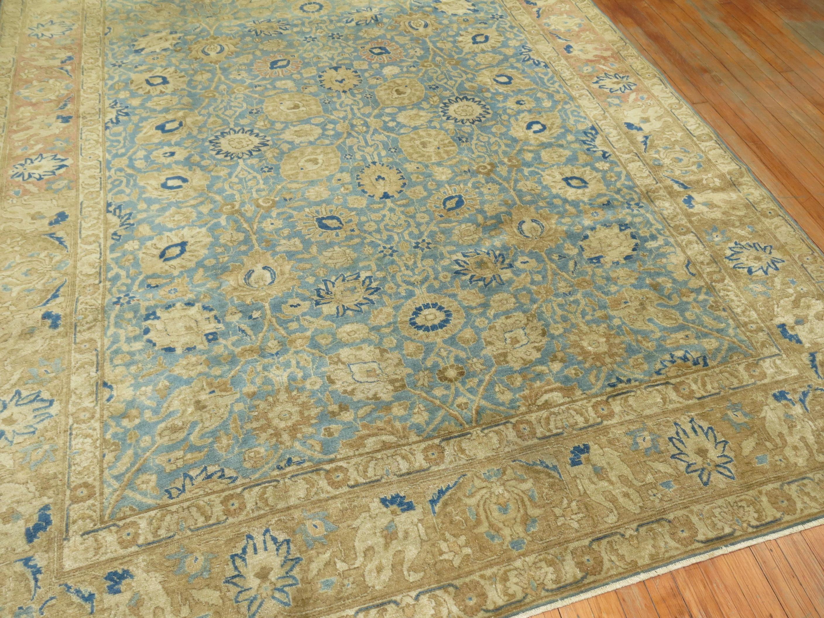 Zabihi Collection Antique Blue Soft Brown Persian Tabriz Rug For Sale 3