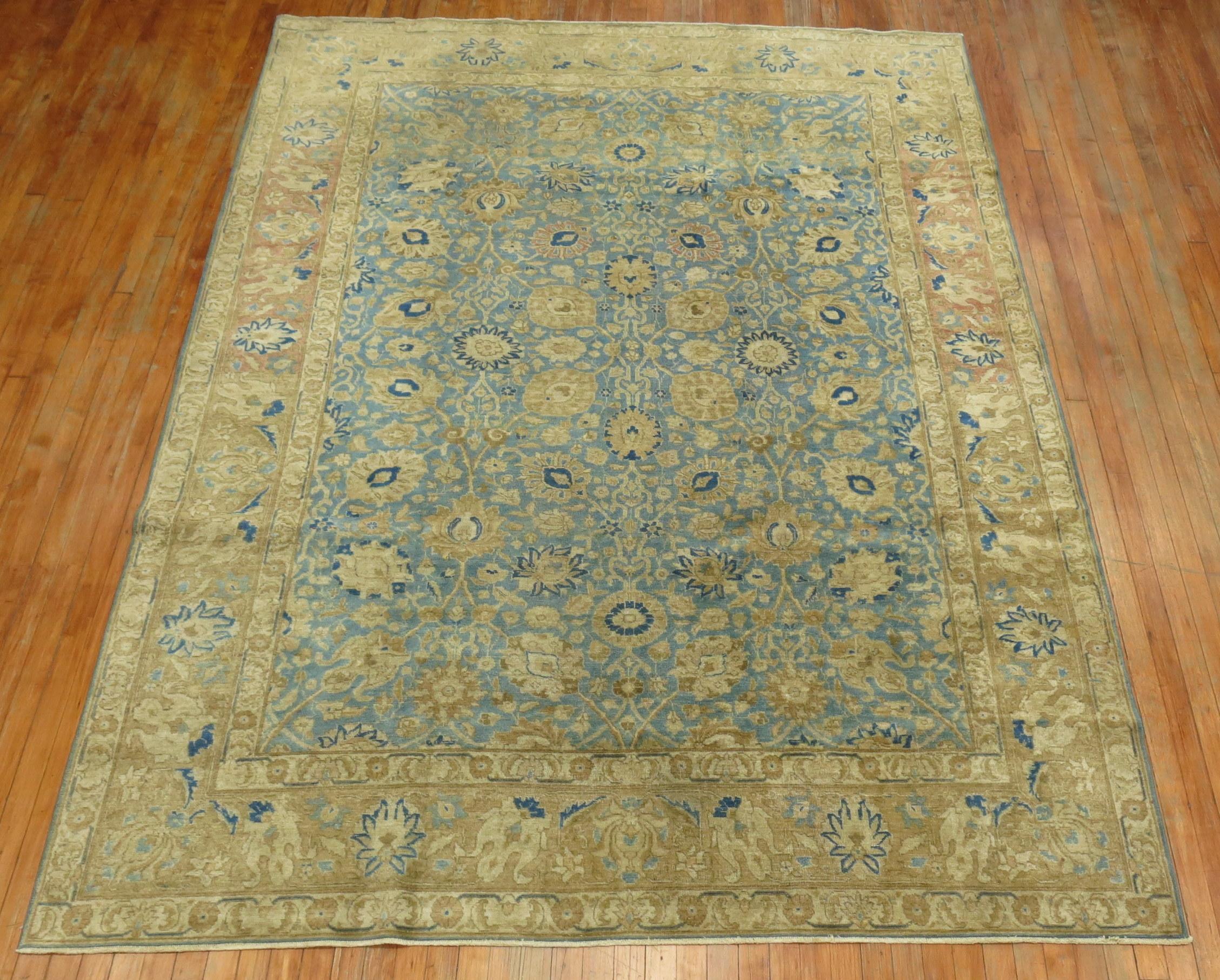 Zabihi Collection Antique Blue Soft Brown Persian Tabriz Rug For Sale 4