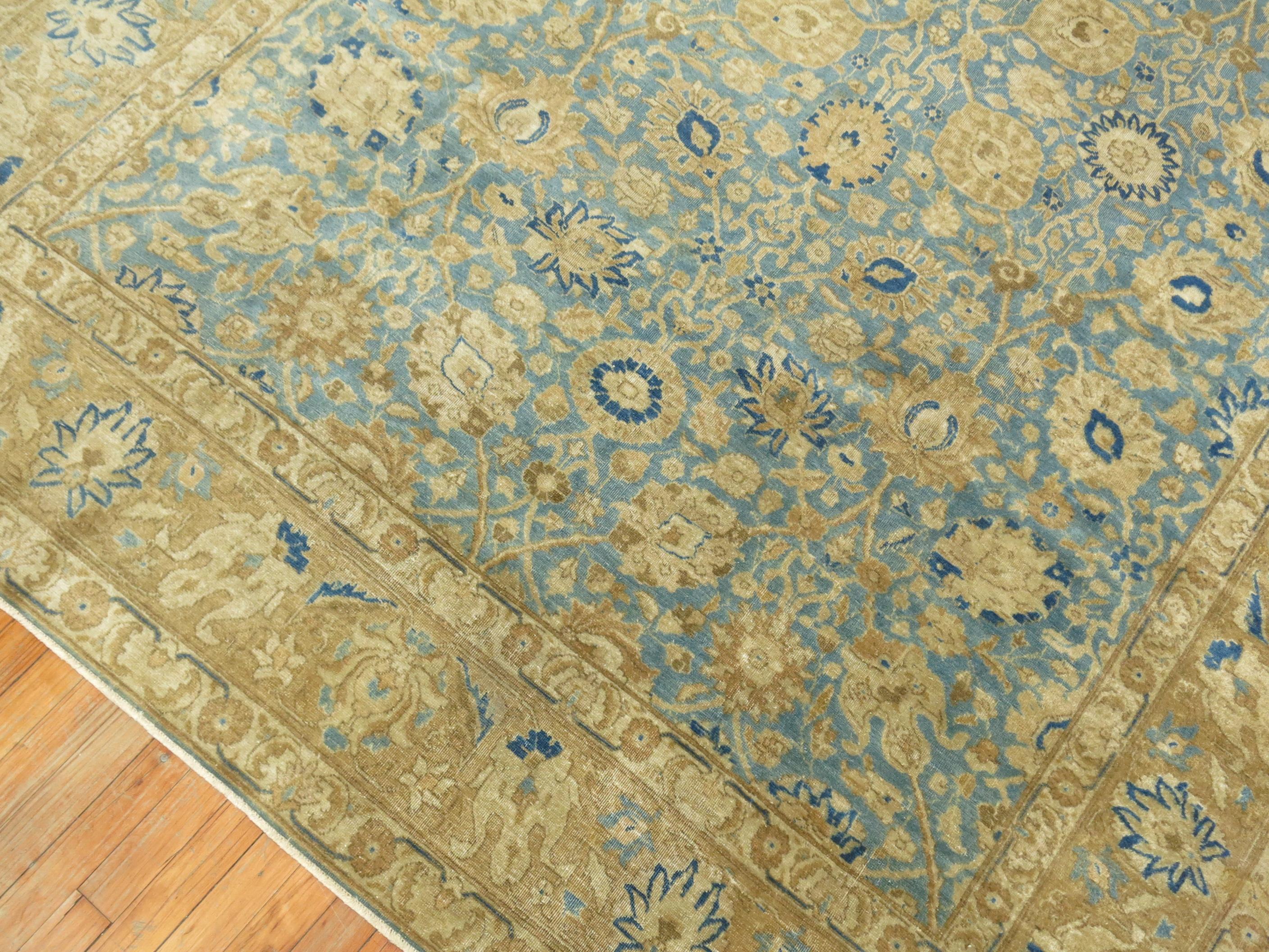 Archaistic Zabihi Collection Antique Blue Soft Brown Persian Tabriz Rug For Sale